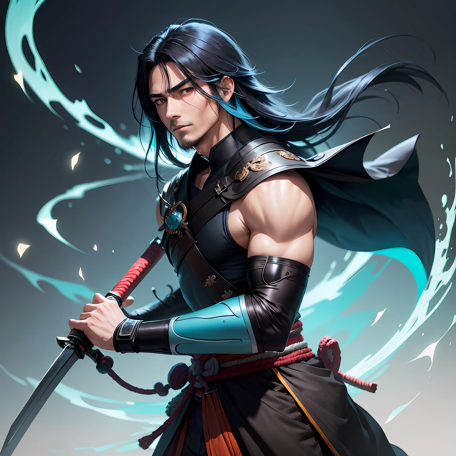 Black shoulder-length hair，The ends of the hair are cyan and dyed，Handsome，A patient expression，light laughter，strong，Male teenager，holding samurai sword，Wears cyan haori，anime big breast，Ghibli-like colors，god light，Anime style，super detailing，tmasterpiece，Award-Awarded，Anime comic style ， --auto