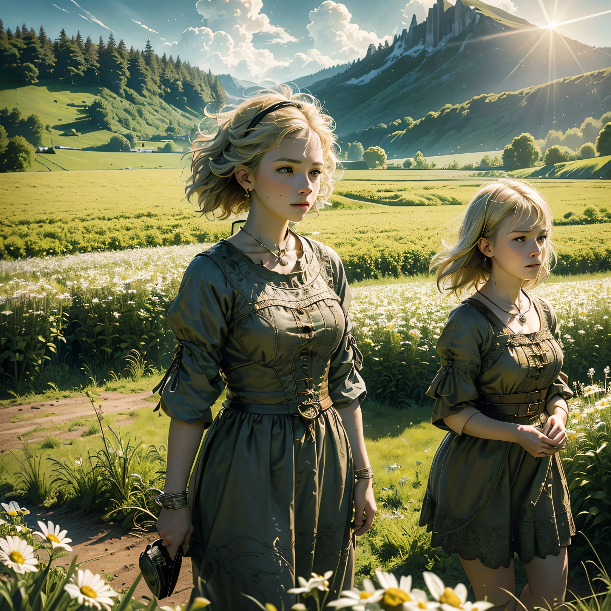 (realistic:1.3), finely detailed, quality, rembrandt lighting, (masterpiece:1.2), (photorealistic:1.2), (best quality), (detailed skin:1.3), (intricate details), dramatic, ray tracing, 1girl, american white girl, blonde hair, 21 years old, medium breasts, (Meadow, Sun, Clouds, Field, Farming, Starlight, Walking trail) --auto