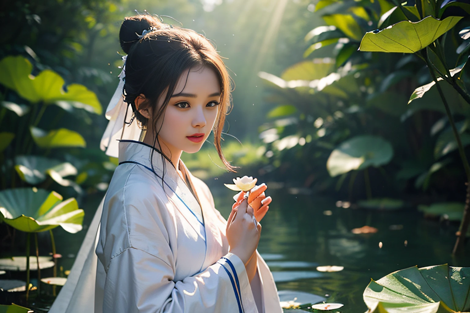 （（best qualtiy，8k，tmasterpiece：1.3））, big vista, wide wide shot，Complicated details, ultra - detailed, Natural skin texture, 1 rapariga, Bunched hair，hair-bun，Beautiful Chinese woman wearing white Hanfu robe cloak，（faeries），White mist，Golden light，White mist，Outdoors，On the shore of Hangzhou's West Lake，Next to the lotus pond，（colorful、vividness、rays of sunshine、Cool light：1.2）Lotus leaves in a pond，exquisit facial detail，Dynamic posture，exquisite detailing，Broad perspectives，epic detail ighly detailed，Global illumination - AR 3:2 - q 5 - v 5.1 - Style RAW - S 750，in the style of influenced by ancient chinese art，复杂，high detal，tack sharp focus，dramatic，Photorealistic painting art，Lotus leaf，Spring rain，brightly，llight rays，atmospurate，Bright shades of spring，super detailing，best qualtiy，softlighting，the space，crystal-clear，natural soft light，Surreal photography，