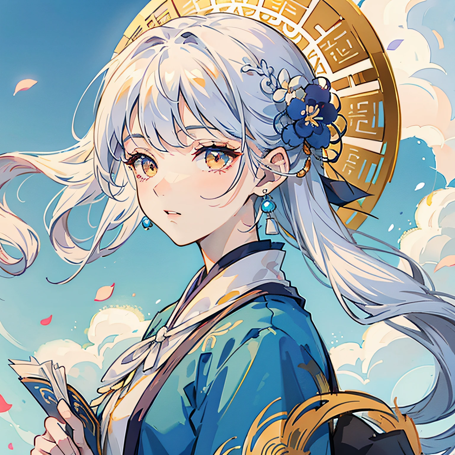 Mature girl , orange eyes, blue and white hair color, floating hair: 10, delicate and smart eyes, intricate damask hanfu, gorgeous accessories, wearing pearl earrings, fov, f/1.8, masterpiece, ancient Chinese architecture, blue sky, flower petals flying, front portrait shot, Chang'e, side light, sunlight on people, 8K --auto