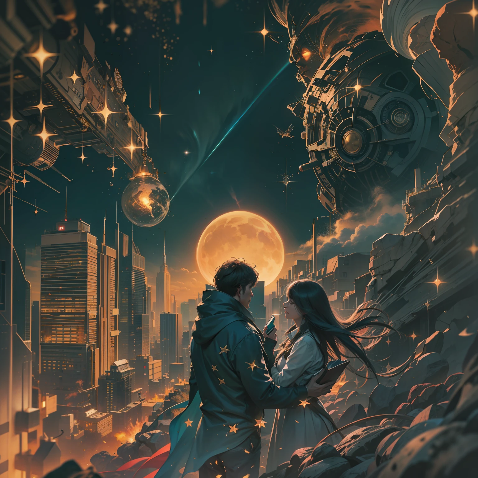 "Cosmic Gold : A Journey " A Hardworking Father and His Beautiful Daughter
, SF, Cosmos
Asteroid
Gold
Silhouettes (Man and Woman)
Stars
Business Suit
Casual Attire
Star Pendant
Cityscape
Wall Street
Warm Glow
Cold BluesThe Book Designer is responsible for the visual layout of the book. They design the cover and the interior of the book, making sure that the book is visually appealing and easy to read.