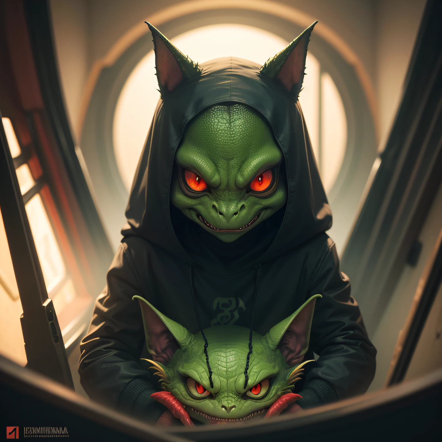 There is a cartoon of an alien green monster with red eyes, arte conceitual inspirada em Pinchus Kremegne, Reddit, arte digital, is evil gremlin, Gremlin, one a demon - like creature, one a demon-like creature, alien creature, criatura dos desenhos animados, grotesque large alien, Chupacabra, criatura assustadora, stupid idiot cryptid,fking_scifi_v2, Portrait of an alien, meio de lado, barbatanas nas costas, reptil, olhos grandes, pele lisa, limo, 80mm, f/1.8, dof, bokeh, profundidade de campo, subsurface scatter, pontilhado --auto