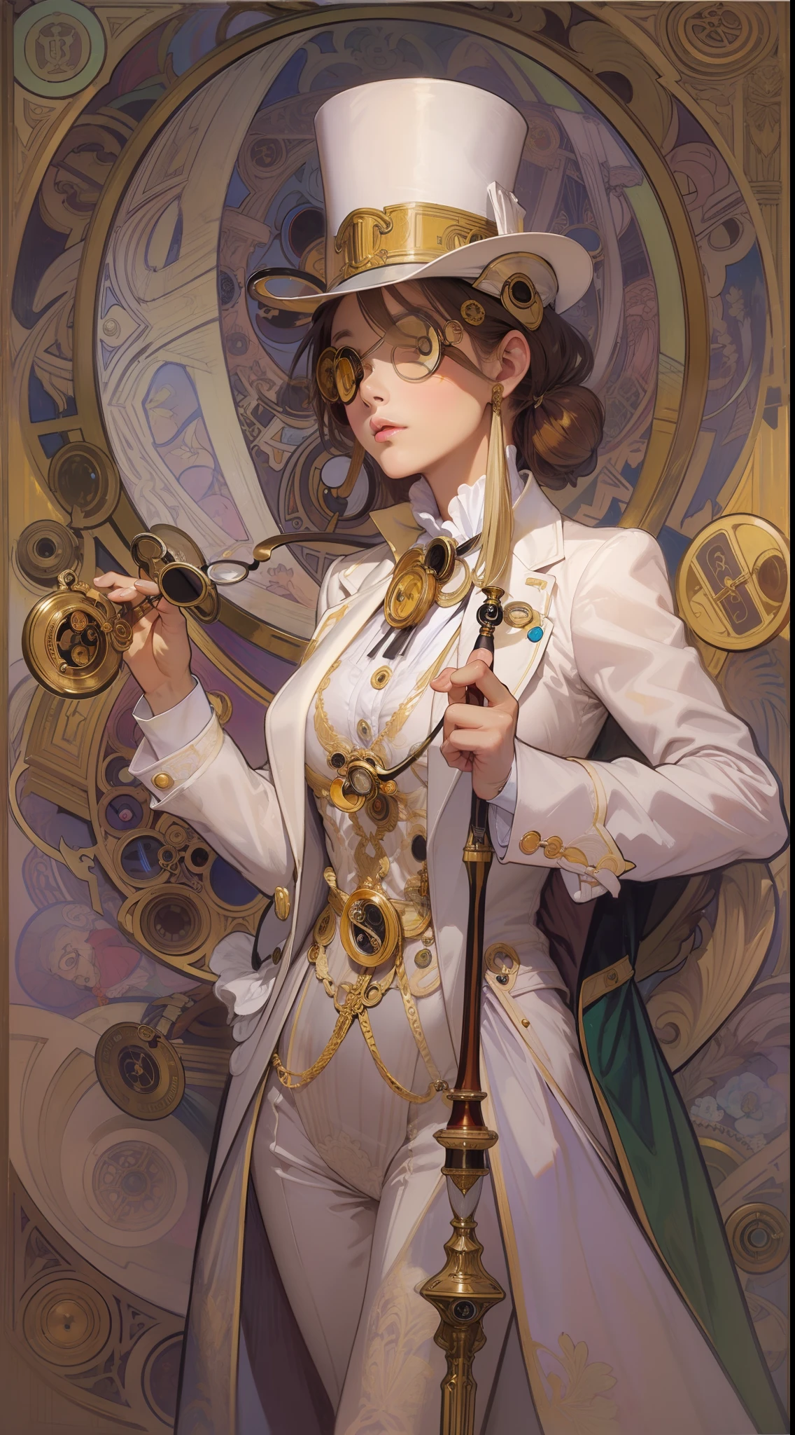 Beautuful Women, Alphonse Mucha's style、Top hat、tailcoat, Jacket, neck tie, pants, (monocle:1.5), Holding a cane in your hand、light reflections, Oil Painting, voluminetric lighting,
