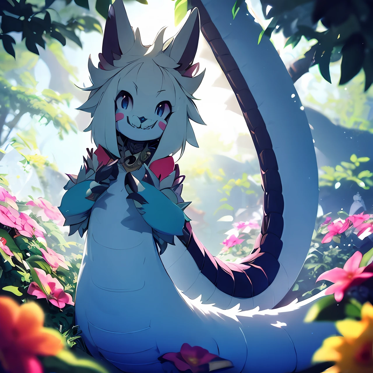 Cute tiny demon girl, (Turquoise blue skin), [furry dragon], in cute summer dress with flowers pattern, flower in her hairs, red claws on her fingers, sharp teeth, (red scales on skin), looking to viewer from ground, in beautiful park, [[close-up]], fantasy atmosphere, detailed background, rich color palette, trending on Pixiv, 4k