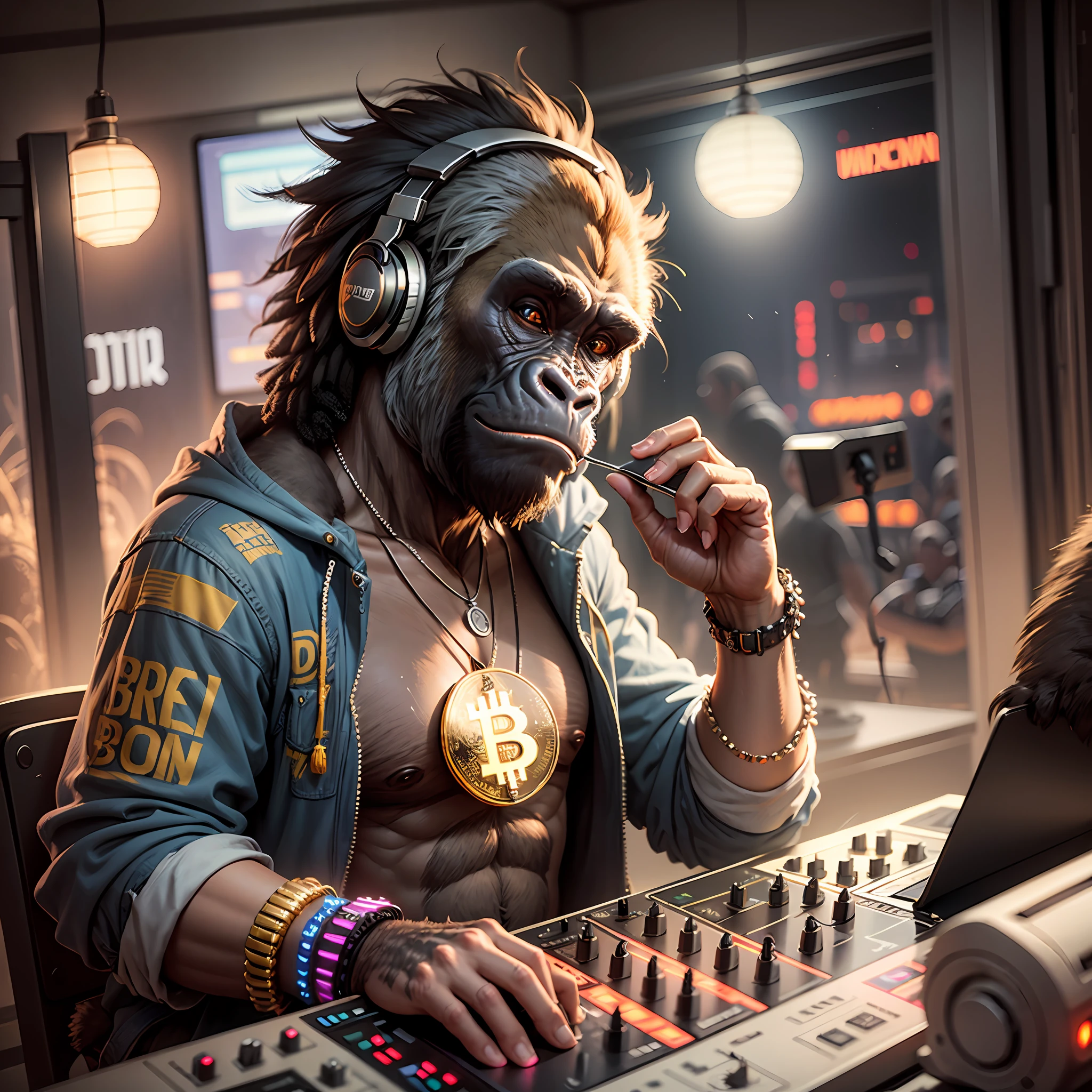 (nvinkpunk:1.2) (snthwve style:0.8) Gorilla dj, bitcoin necklace, anthro, lightwave, sunset, intricate, highly detailed