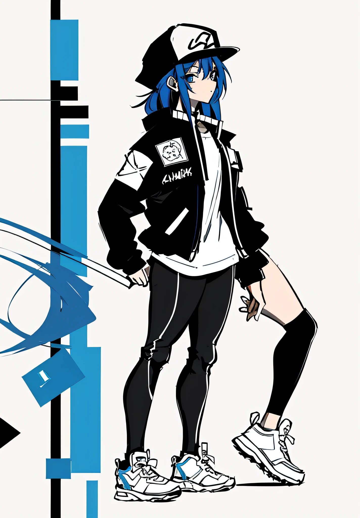 Hip hop street sports style，clean anime outlines, Full body character drawing, clean lineart, Simple lines of art, Casual pose, thick lineart, anime full body illustration, full body drawing, Line sketch, Full body illustration, Outline sketch, bold lineart, Full body picture, full body concept, full body portrait of a short!