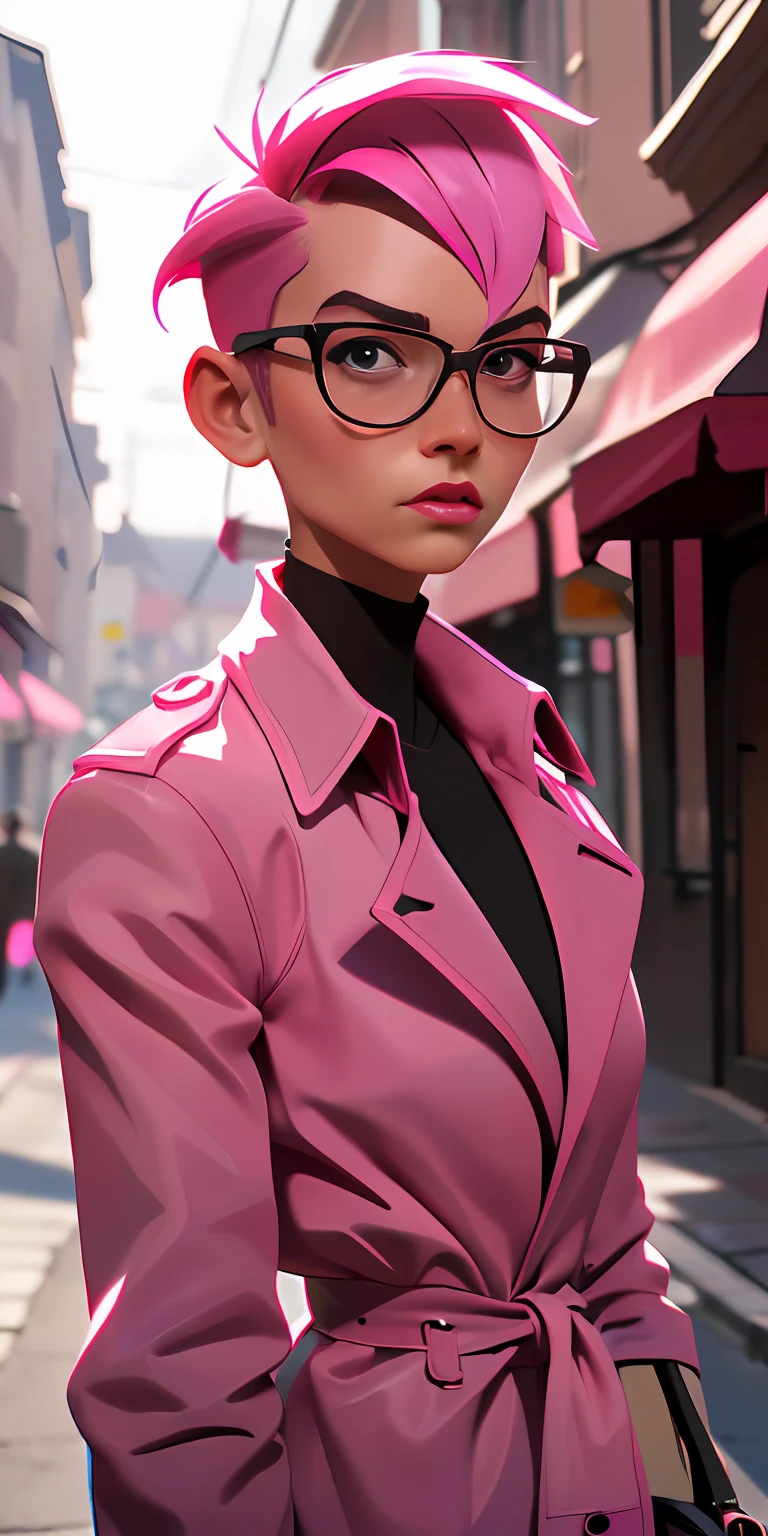 (Character: one french woman, pink shaved sides haircut )
(Clothing: pink trench coat, black shirt, glasses)
(best quality, masterpiece),looking at viewer, upper body, blurry, street)