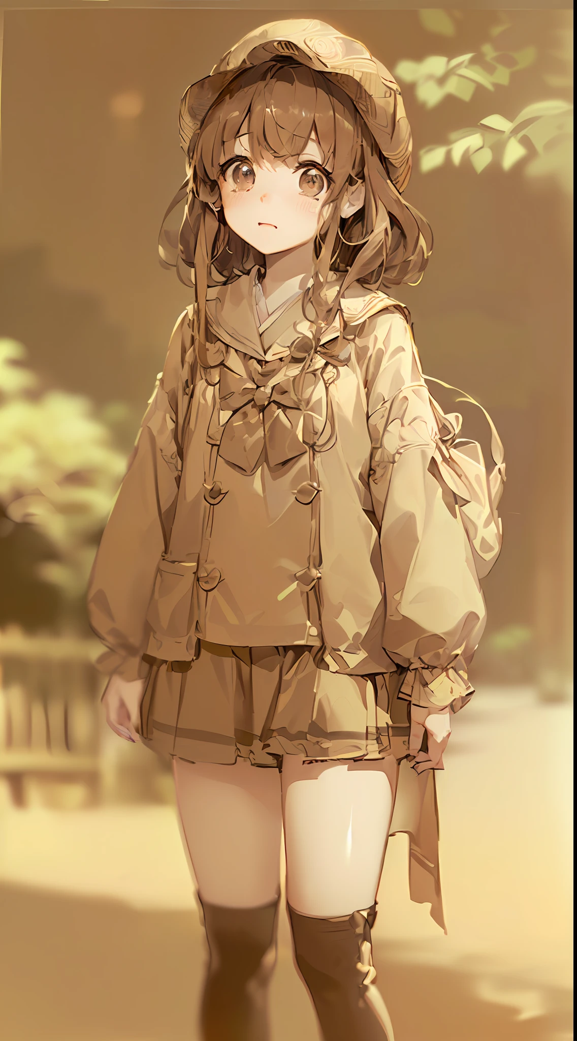 「(8k wallpaper:1.5)、(high-level image quality:1.3)、(animesque, illustratio:1.5)、(girl with、cute little:1.8)、(beatiful detailed eyes:1.3)、(great laughter、Tears in the eyes:1.1)、(low angles:1.2)、(校服:1.5)、(a park:1.3)、(sepia, gradients:1.5)」