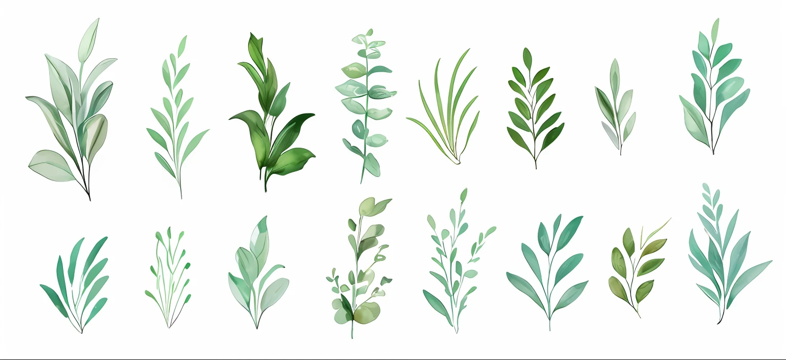 Close up of a bunch of greenery on white background, botanic foliage, botanical watercolors, Green plants, verdant plants, detailed plants, Sparse plants, plants and grass, detailed beautiful plants, some plants, High quality watercolor painting, branches and foliage, green leaf, plants and trees, Green leaves, herbarium, Greenery, botanicals