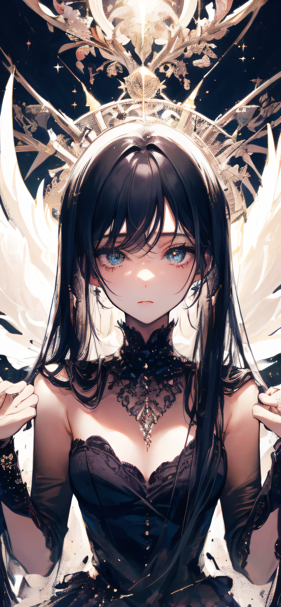 ((Masterpiece, Superb, Super Detailed, High Resolution)), solo, beautiful girl, sparkling eyes, perfect eyes, , black and white gold theme,