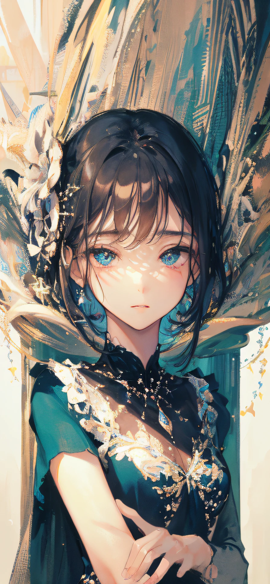 ((Masterpiece, Superb, Super Detailed, High Resolution)), solo, beautiful girl, sparkling eyes, perfect eyes, 15 years old, black and white gold theme,