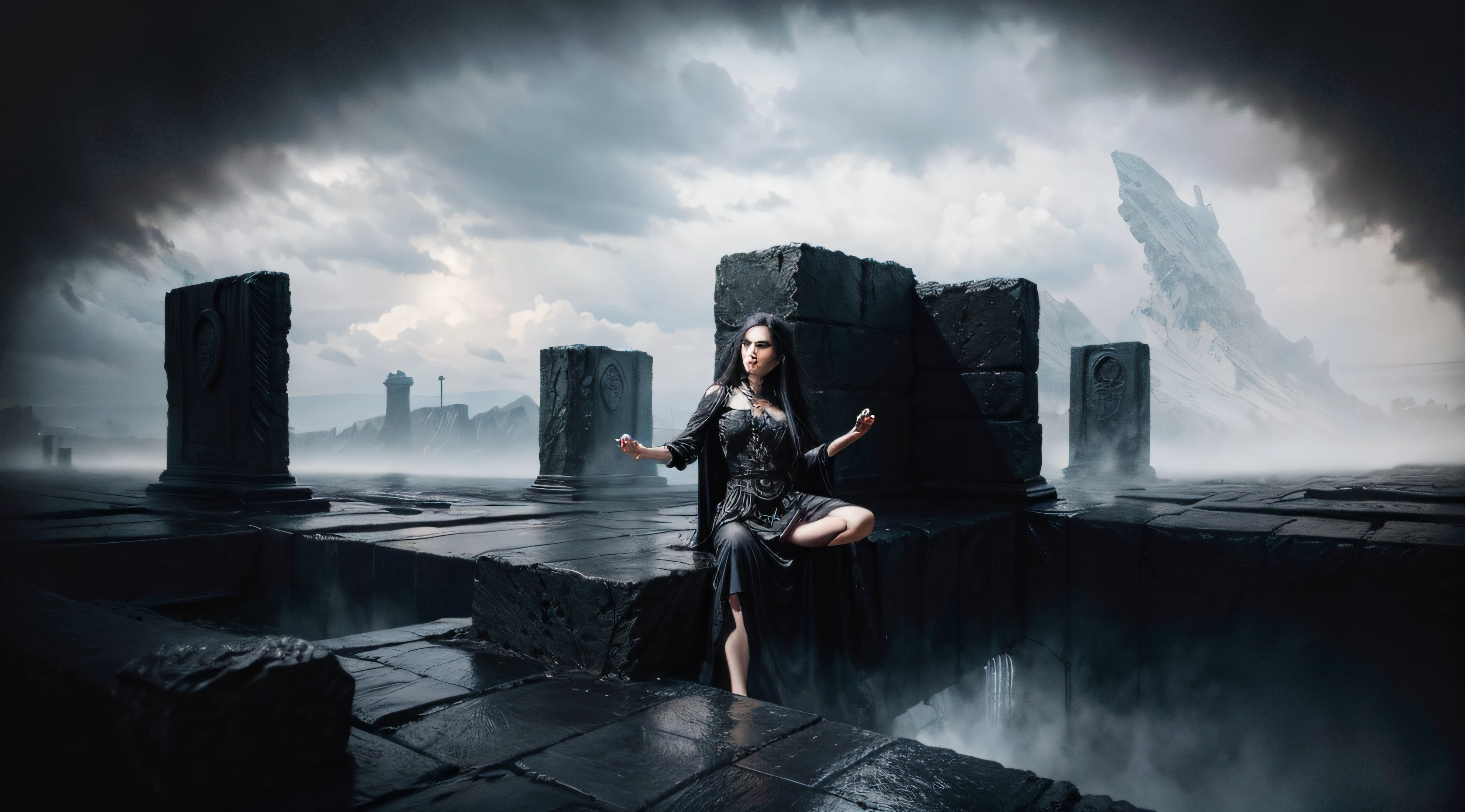 Dystopian cityscape,Zdzisław Beksiński style,Pluto surface,dark fog,Huge black stone pillars,Runes on stone pillars,crack,Elevation perspective,low angles,Low camera,45 degree angle,wide angles,A high resolution,ultra - detailed,textures true to reality,Bold textures,Crazy textures,Ultra-wide angle, From above,Dark messenger of cultivation,skull,femele,Ferrous metal body,Black metal limbs,Ground bones