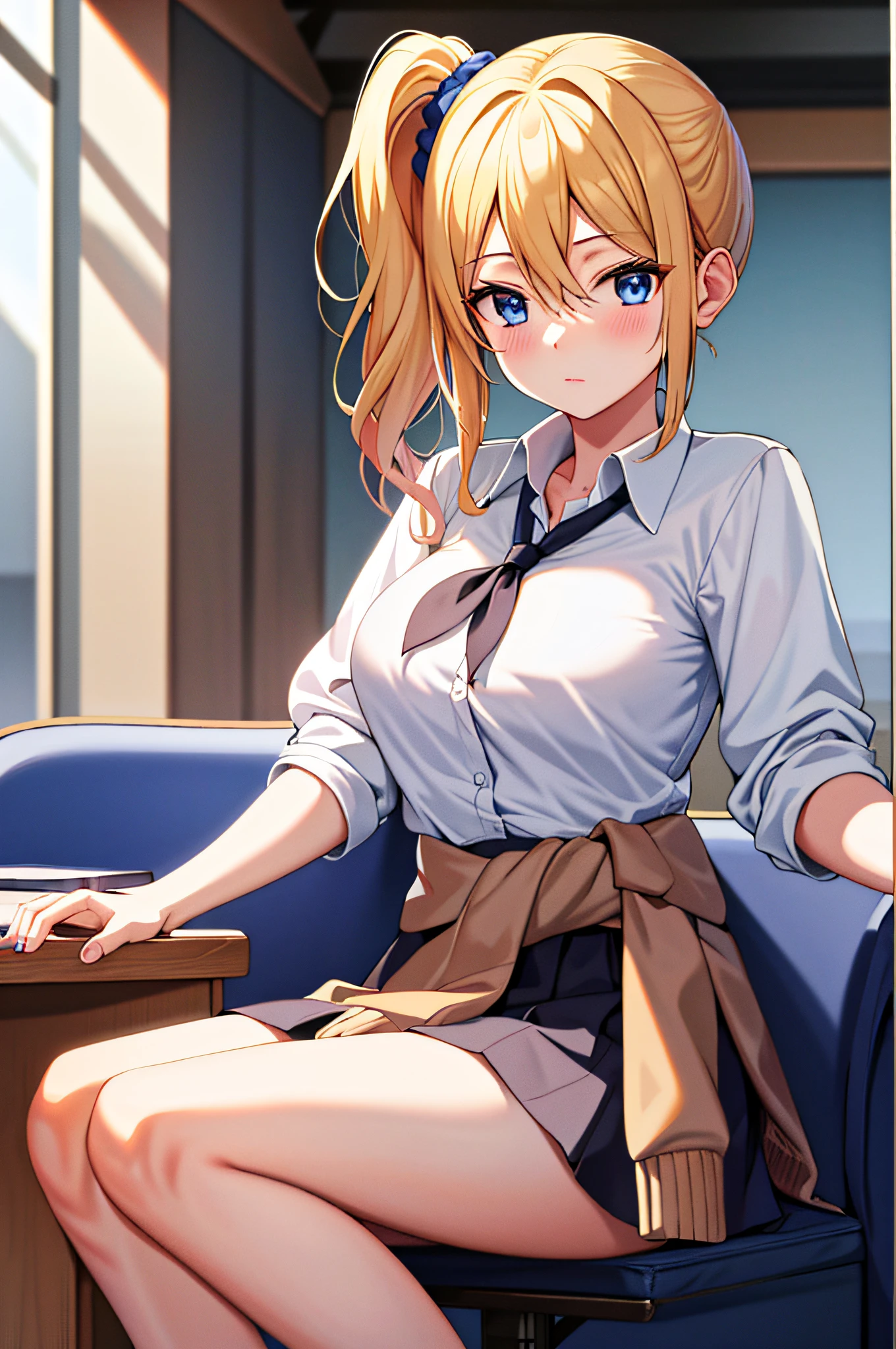 masterpiece, best quality, AiHayasakaV4, 1girl, solo, breasts, looking at viewer, blush, blue eyes, blonde hair, simple background, shirt, hair ornament, white background, hair between eyes, school uniform, white shirt, nail polish, side ponytail, v, scrunchie, hair scrunchie, blue nails, clothes around waist, blue scrunchie, shuuchiin academy school uniform