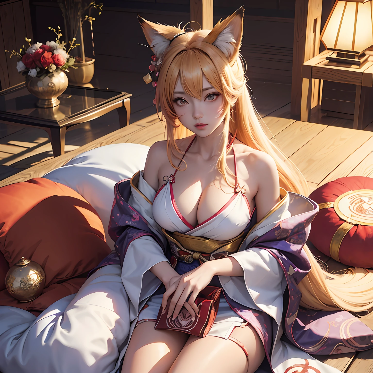 Anime girls wearing kimonos，sitting on a cushion，, a beautiful kitsune woman, Kitsune, fox nobushi, Orgasmic face，The chest is huge， Digital anime illustration, a beautiful fox lady, [ 4 K digital art ]!!, Digital anime art, seductive anime girls,Hand clasp --auto