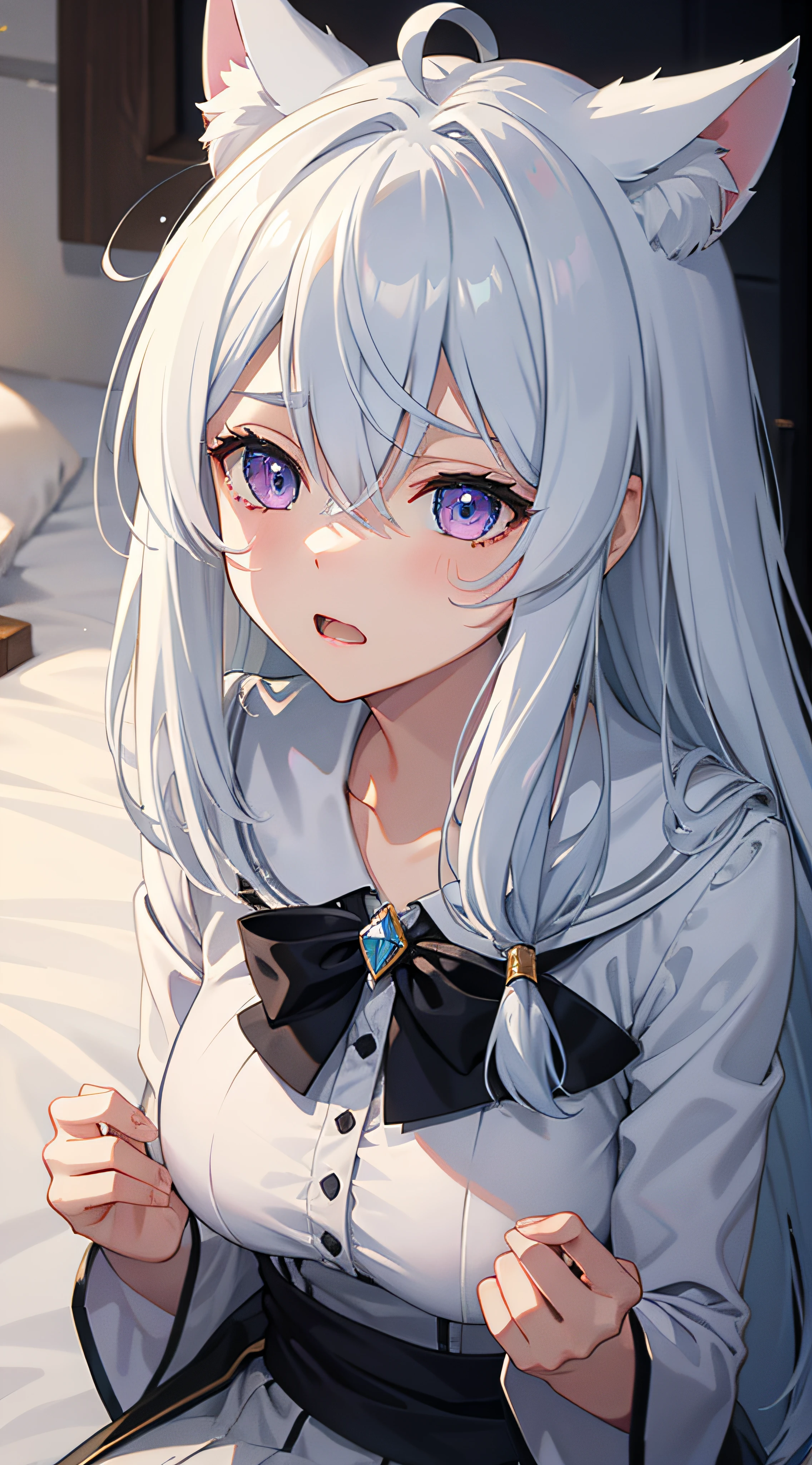 Silvery hair, Gradient hair, Asymmetrical hair, hair between eye, crossed bangs, Separate bangs, Very long hair, asymmetricalbangs, crystal hair, Expressive hair, Hairline, hair splayed out, Gradient eyes, watered eyes, Purple eye, headphones with cat ears, with her mouth open, Be red in the face, Moaning, rough breath,, Jk, Lie on the bed and spread your hands, high detal, style of anime, Ray traching, motionblur, Seven-doppelganger shot,Shot above the calf, hyper HD, tmasterpiece,acurate、super detailing、high detal、high qulity、anatomically correcte、best qualtiy、A high resolution、16k