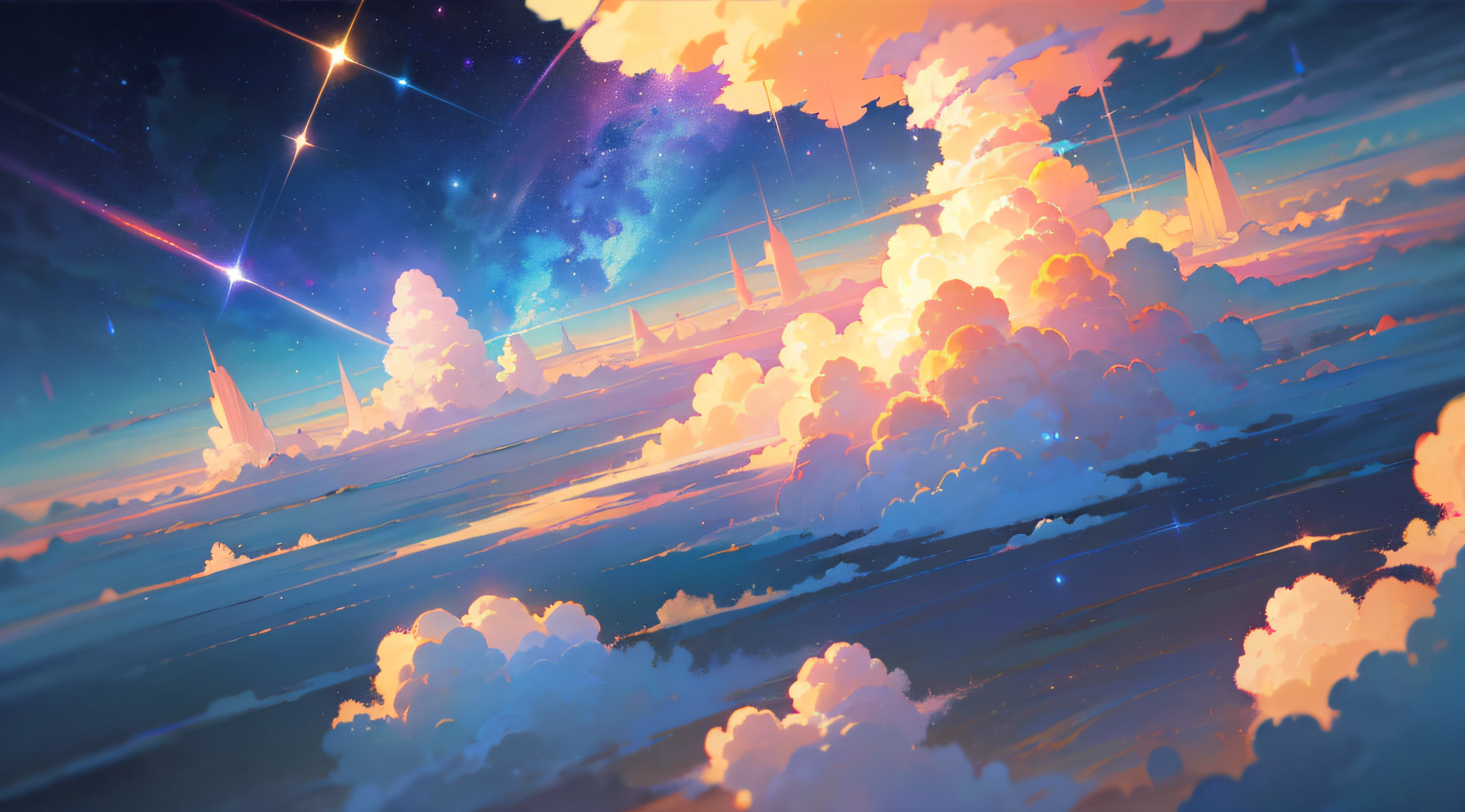 （best qualtiy），（tmasterpiece），（ultra - detailed），（high detal），（The is very detailed），The subject：Anime Sky Dreamland
medium：Digital illustration or traditional painting。
Resolution：4000x2000 pixels。
Color Palette：Pastel pastel colors blend with vibrant hues。
sentiment：magical、aethereal、peacful。
composition：Wide sky，Floating islands，Whimsical clouds and other fantastic elements。
illuminating：Soft and diffuse lighting，It emits a warm golden glow。
styled：style of anime，With a touch of fantasy and surrealism。
the detail：Including the Moon.meteors、Colorful nebula、Fluffy clouds and other elements。
Inspiration：Anime fantasy world、studio ghibli movie、Surreal art and celestial images。
camera settings：Nothing（Because it is a digital illustration）。
Additional Notes：Emphasize the vastness and beauty of the sky by creating a sense of depth and space。Try various cloud formations and shapes，From fluffy cumulus clouds to slender cirrus clouds。Enhance the fantastic atmosphere。Use soft strokes and blending techniques，Create a seamless and ethereal look。Use lighting effects，Such as soft sunlight or glowing spheres，Add a magical touch。Create a fantasy world that captures the essence of anime fantasy。