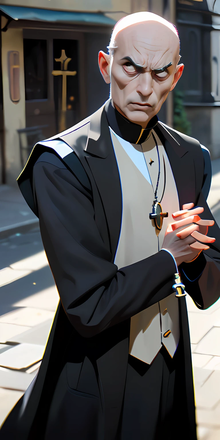 (Character: one italian man, 70 years old, exorcist, serious face,bald)
(Clothing: black Priest's vest, , hold a wooden rosary)
(best quality, masterpiece),looking at viewer, upper body, blurry, street)
