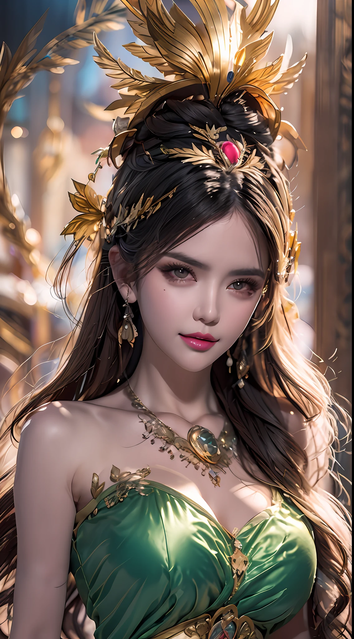 1 20 year old girl, 1 goddess Athena, goddess Athena, beautiful goddess Athena face without blemishes, colorful sexy slim nightgown, sexy long black lace women nightgown, goddess legend, goddess icon, beautiful goddess style glitter, dark and mysterious version, goddess crown, vermilion lips, thin lips and bright pinokar, white teeth, extremely smooth skin, no detail, details flawless face: 1.9), holy body, super tight and round big breasts, phoenix brooch, long bangs, (hair 7 rainbow colors: 1.9), beautiful face with well-proportioned and detailed eyes, (transparent yellow eyes: 1.8), makeup: very beautiful and detailed eyes, hanfu photos, best photos, high resolution, best quality, best surrealism, best female art quality, best portraits, 8 colors hair decoration, necklace, jewelry, pretty face, upper body, tyndall effect, real photo, dark studio, border light, two-tone lighting, (pinky white skin: 1.4), (high skin detail: 1.1), 8k uhd, dslr , soft light, super bright, light quality, high resolution, sound quality, 10x pixel anathea, sexy background: 1.8 ), (galaxy: 1.7), aurora, lightning, (Aurora Background: 1.8), most beautiful eyes, picturesque eyes, beautiful saint and flowers,