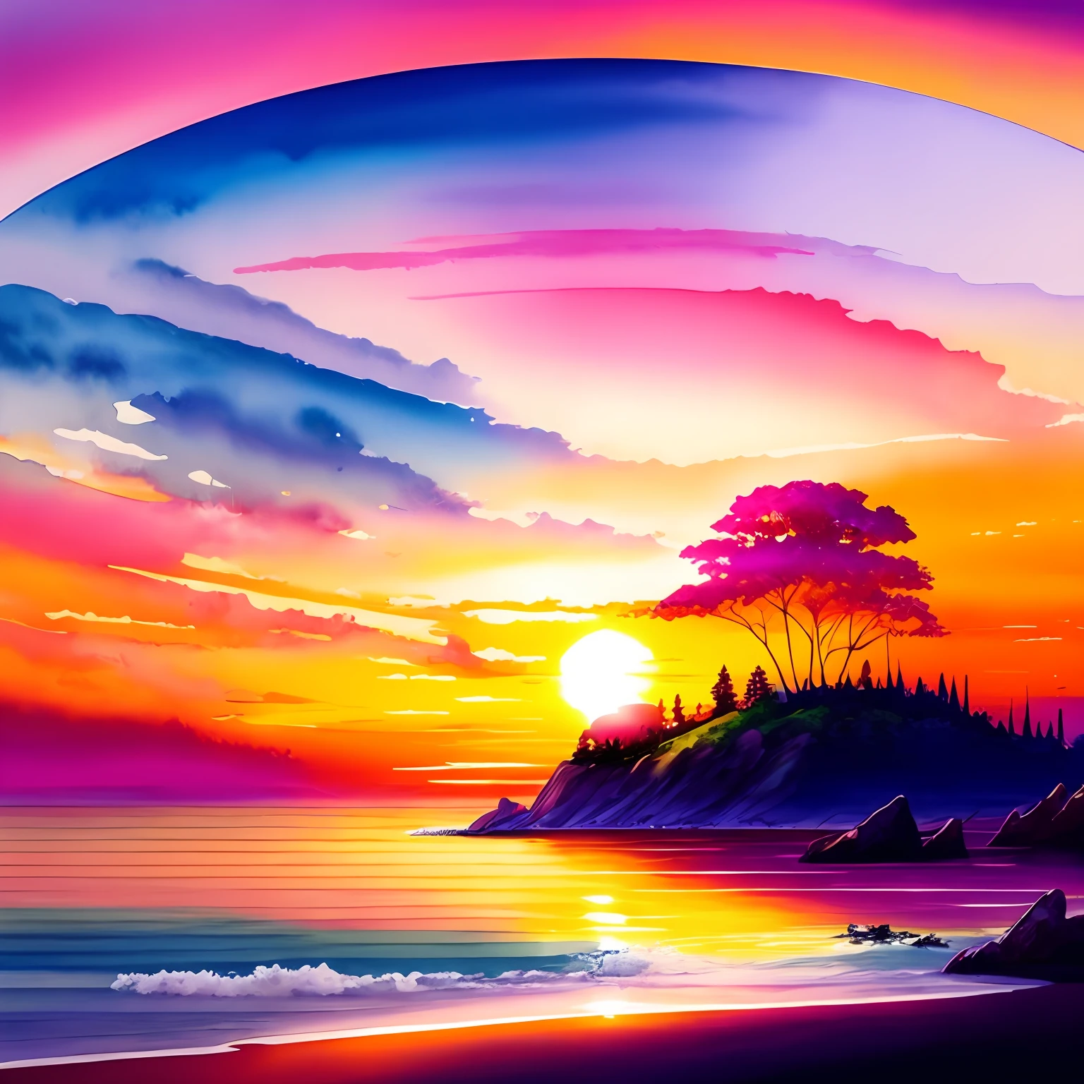 (masterpiece、top-quality、ultra-detailliert、extremely details CG、Beautiful Landscapes、floating、dynamic ungle、dynamicposes、soio、summer clothing、colourfull、Surfing board:1.1、pink there:1.2、reddish:0.9、an orange:1.0、Viola:0.9、amarelo:0.9)、Best sunset、colourfull、Warm halo、heaven、watercolor paiting、wide Shots。 --auto