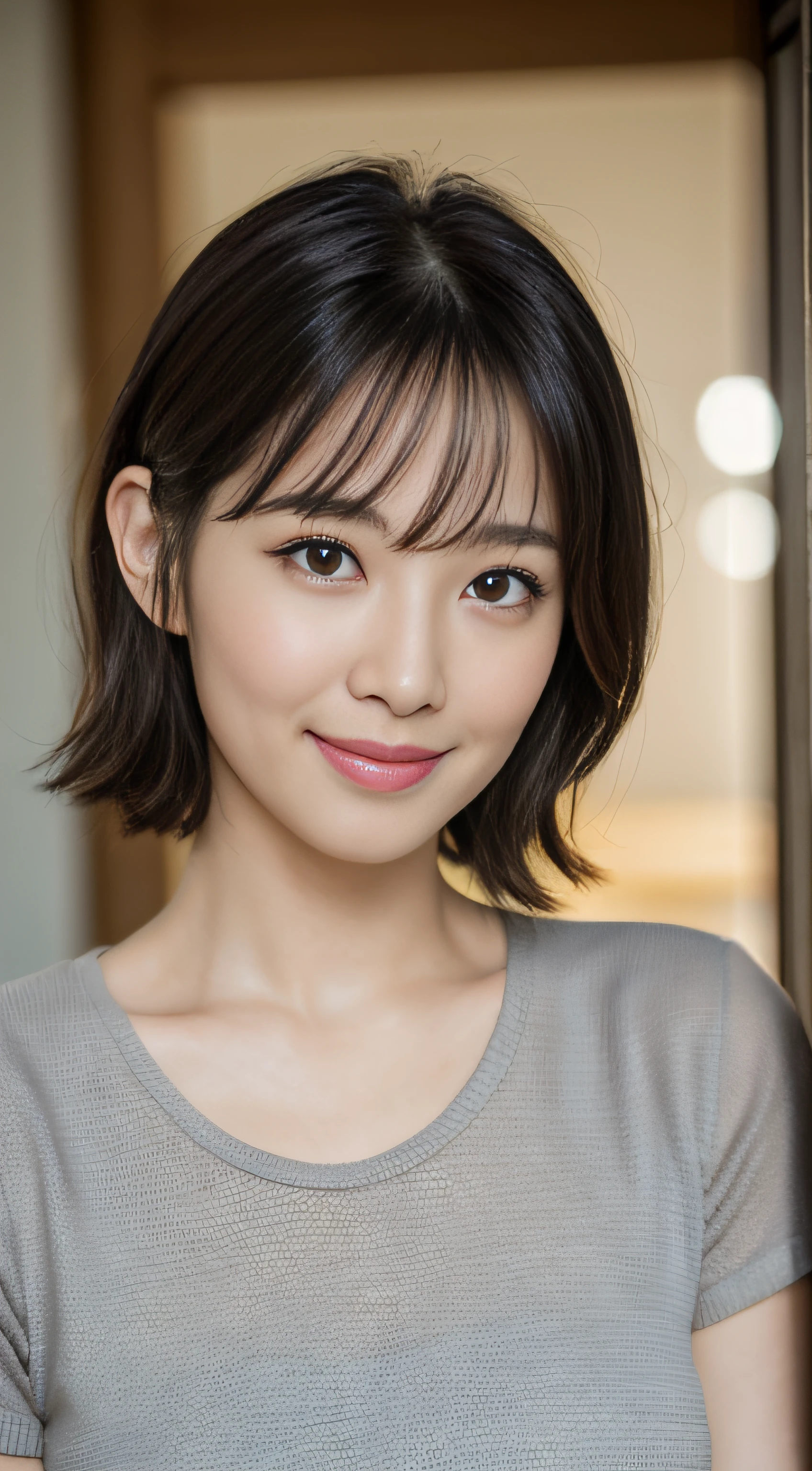 portrait, 8K, high quality, realistic photo image, 39 years old, Japan woman, neat and clean wife, small, housewife, reproduce natural and realistic eyes, Japan person stand, small, beautiful black hair, short hair, light makeup, octane rendering, beautiful lighting, golden ratio composition, smile, everyday wear, casual clothes, natural background, blurred background, 4k, high quality, realistic photo image, Japan woman, 37 years old, pure Japan face, lovely wife, upper body, small breasts, light makeup, suppin, neat beauty, mature woman, sober clothes, gray, beige, blue, sober, casual attire, smile, black hair, small black eyes, background blur