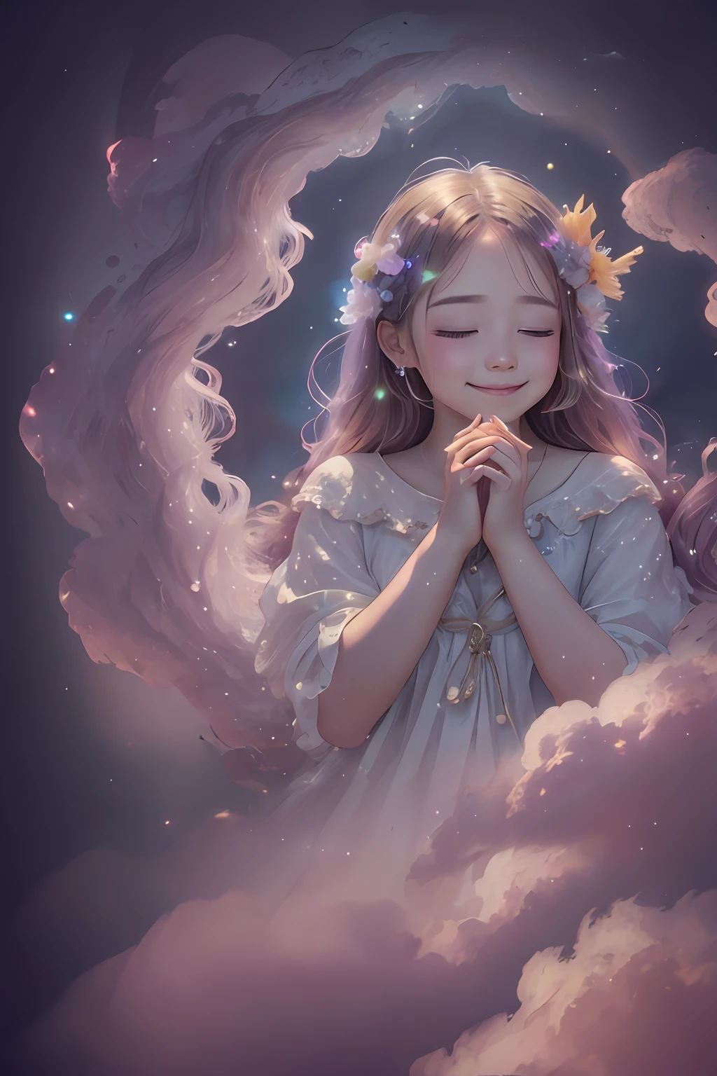 angelicales、Beautiful fece、Happy smile、Gentle background、clouds、Colorful clouds、siesta、Fantastical、Sleeping、Bright background、high-level image quality、tenderness、Joy、aureole 、 Sea Background -Auto