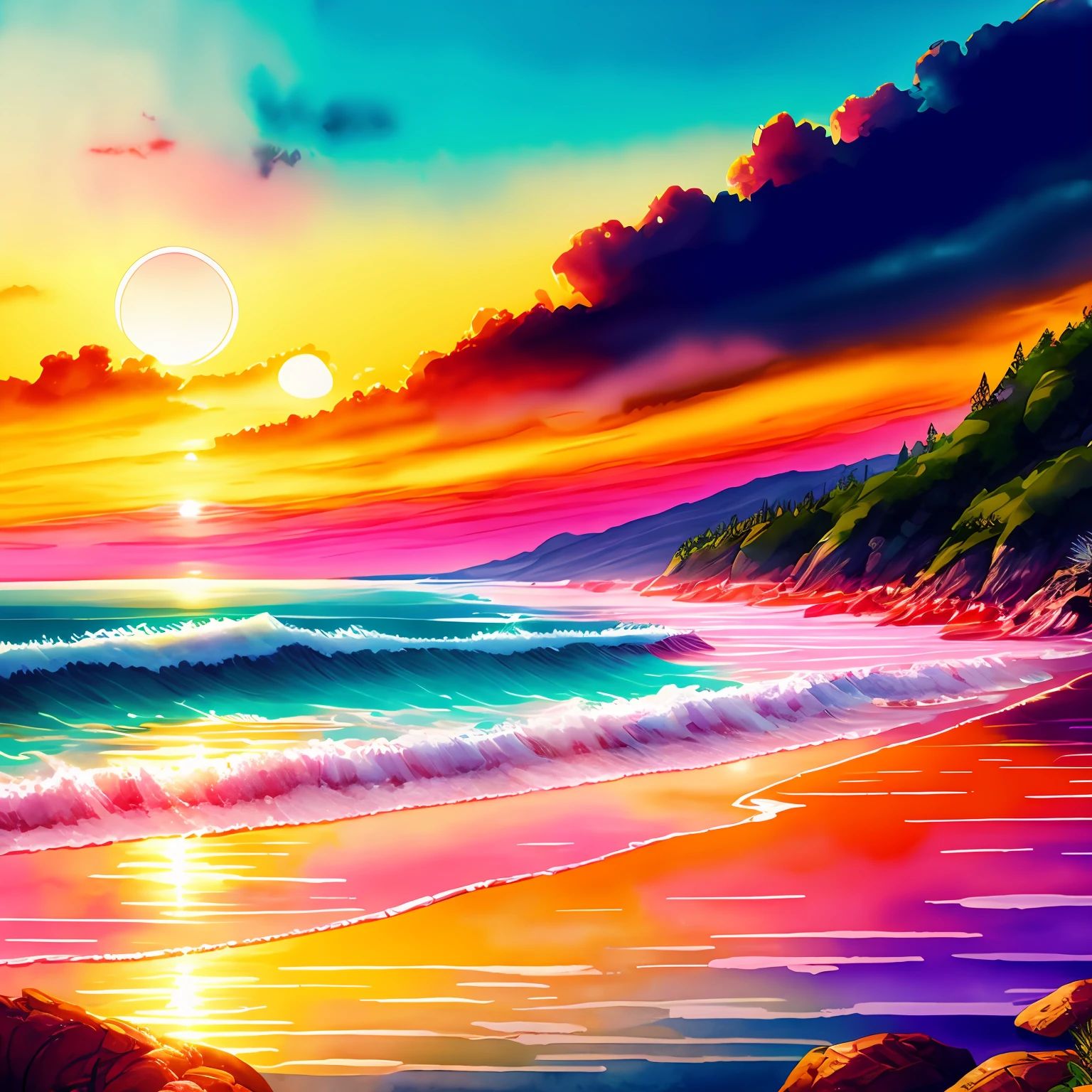 (masterpiece、top-quality、ultra-detailliert、extremely details CG、Beautiful Landscapes、floating、dynamic ungle、dynamicposes、soio、summer clothing、colourfull、Surfing board:1.1、pink there:1.2、reddish:0.9、an orange:1.0、Viola:0.9、amarelo:0.9)、Best sunset、colourfull、Warm halo、heaven、watercolor paiting、wide Shots。 --auto