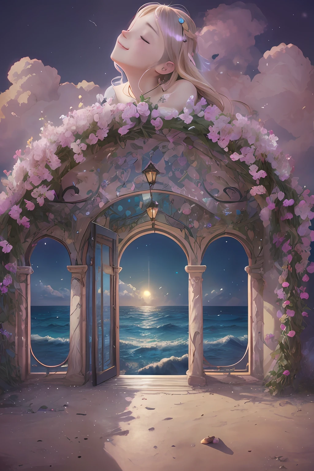 angelicales、Beautiful fece、Happy smile、Gentle background、clouds、Colorful clouds、siesta、Fantastical、Sleeping、Bright background、high-level image quality、tenderness、Joy、aureole 、 Sea Background -Auto