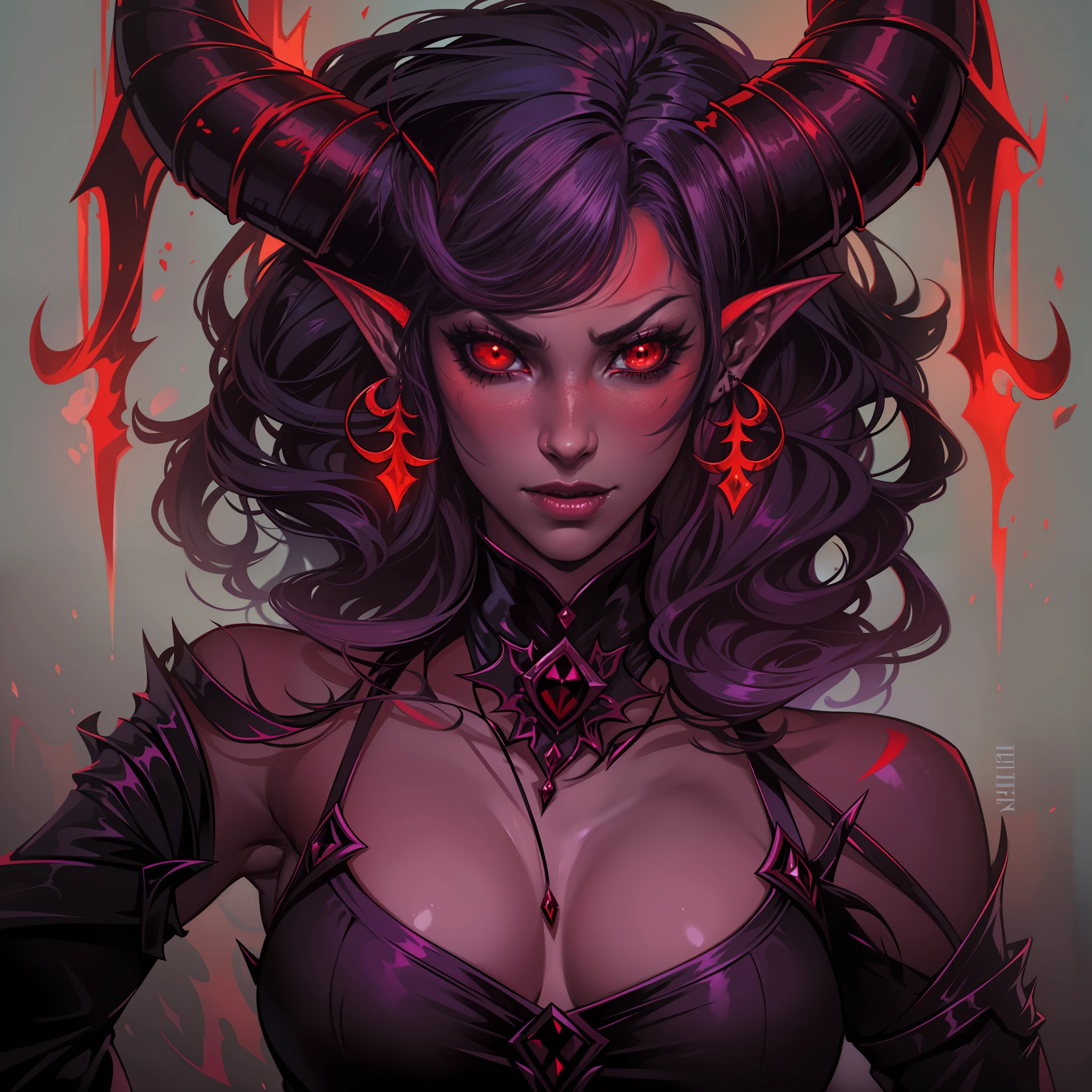 Demonic woman with horns and red light in her hair, portrait of demon girl, tiefling, Portrait of Tiefling, Demon Girl, portrait of a female demon, dark fantasy style art, dark fantasy portrait, Portrait of a Dark Fantasy Nymph, demon female, horns and red eyes, jen bartel, Tiefling female warlock, beautiful elegant demon queen