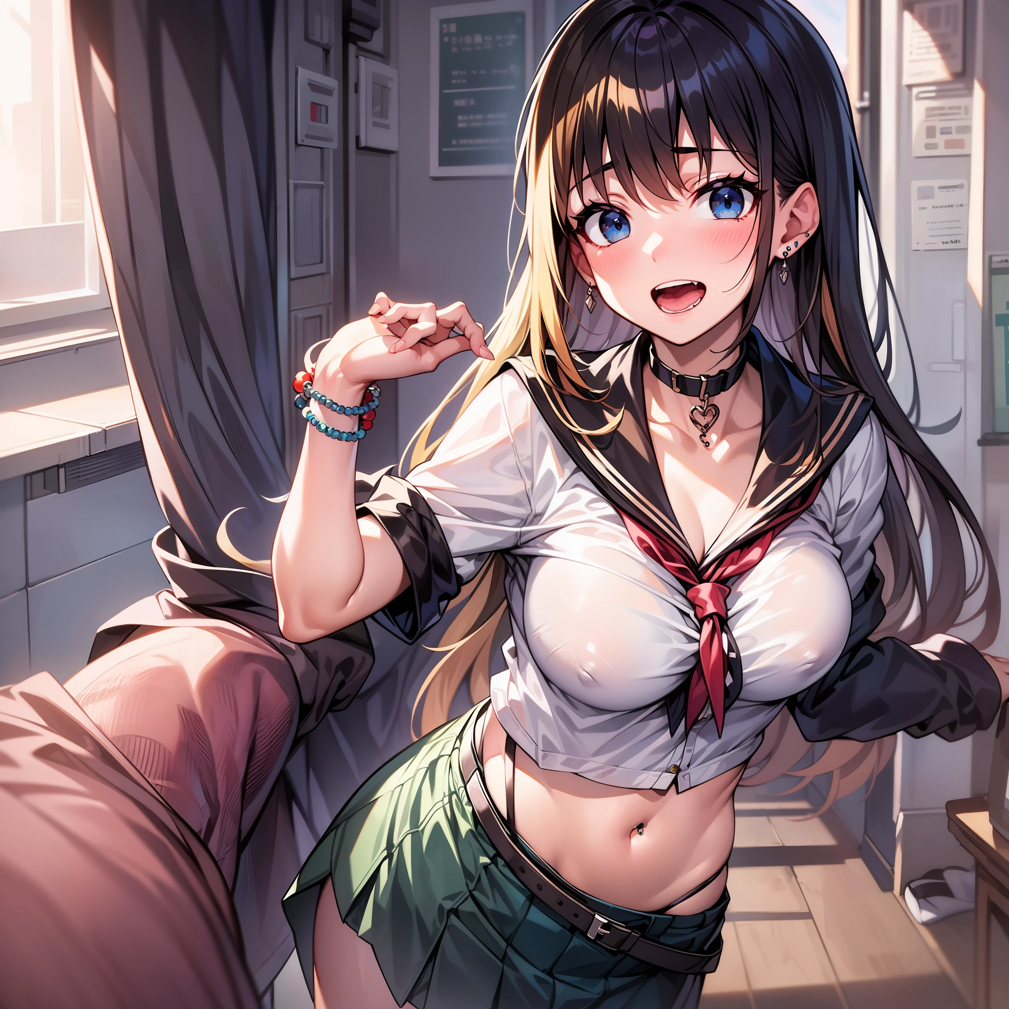(Name Girl), (((best qualtiy)), (super detailing), 1 rapariga, Blonde Straight Hair, schools, Classroom, Open the legs, Blue White Panties, ar old, lean legs, 校服, a skirt, nipple piercing, 耳Nipple Ring, Stud earrings are pierced earrings, a black choker, Loose tie, sockes, Serafuk, Neckpa, Sailor collar, pleatedskirt, White socks, a black skirt, a black skirt, short- sleeved,The shirt,white shirt,Black sailor collar,Blue scarf,Beaded bracelet,Clench your wrists,long fingernails,with her mouth open,ssmile,By bangs,little breast,,perfect hand,Hand details,fixed fingers,(cum on breast:1.4)Looking_Al_peeping at the viewer,high high quality,rich details,Perfect image quality,