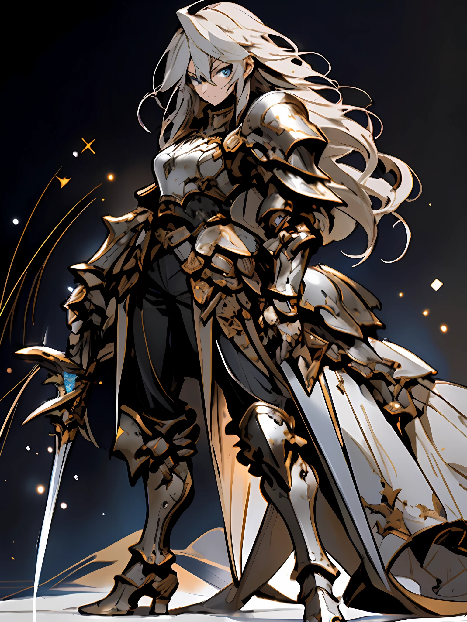 [(black background:1.5)::5], (imid shot:0.95), (full body:1.25),(masterpiece:1.2), best quality,game cg, 1girl, armor, weapon, long hair, solo, gauntlets, sword, shoulder armor, blue eyes, holding, breastplate, standing, holding weapon, pauldrons, holding sword, planted, planted sword, bangs, plate armor, closed mouth, armored dress, hands on hilt, armored boots, breasts, faulds, looking at viewer, light particles, feet out of frame, hair between eyes,glowing,