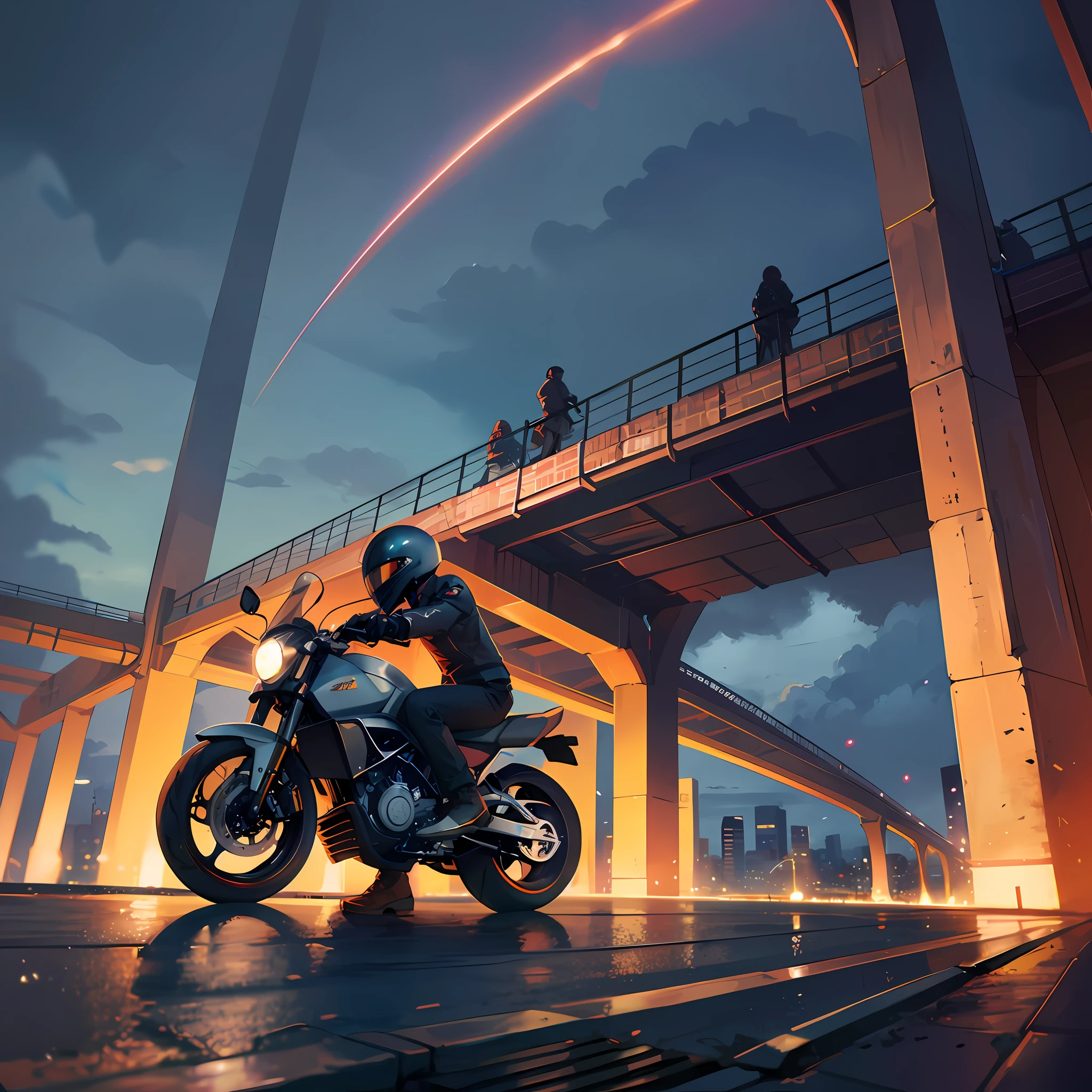 Motorbike rider on the bridge at night,There are rainbows in the sky, Badass anime 8 K, stunning digital illustration, rob rey and kentaro miura style, octane. trending on artstationh, octane cgsociety, dan munford. 8 k octane render, atey ghailan 8 k, daniel maidman octane rendering, Cyberpunk art style, Motorcycle concept art,salama,thunderstorm