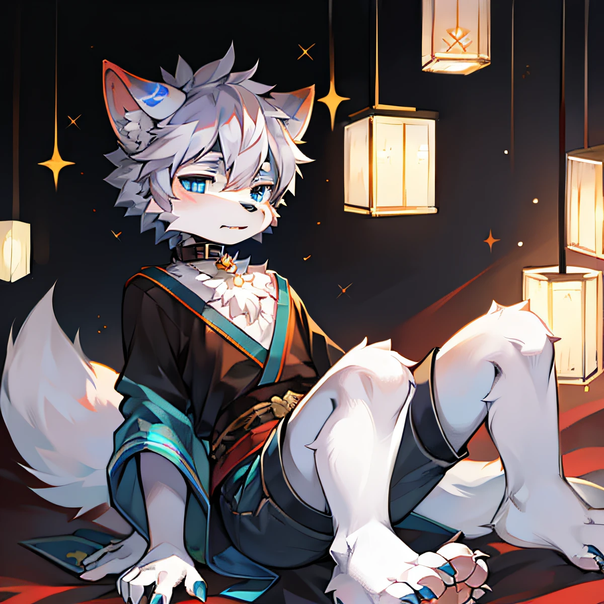 （tmasterpiece：1.2），（anatomy correct：1.1），（high qulity：1.5），（（（solo male anthropomorphic）））Kimono furry_Transformation Wolf Flsona，1 Little Wolf，White fur，Dark blue eyes，（Celestial nose），White claws，White feet，canine hands，（Details dog feet：1.2），4 Toes，Detail beans，（（1 Wolf Junior）），[digitial painting\（artwork of a）：：：0.8]，4 Toes，（lines of movement：1.1），Single fluffy tail，[aquarelle（artwork of a）：0.6]，collars，komono，greyt hair，short detailed hair，tee shirt，grey shorts