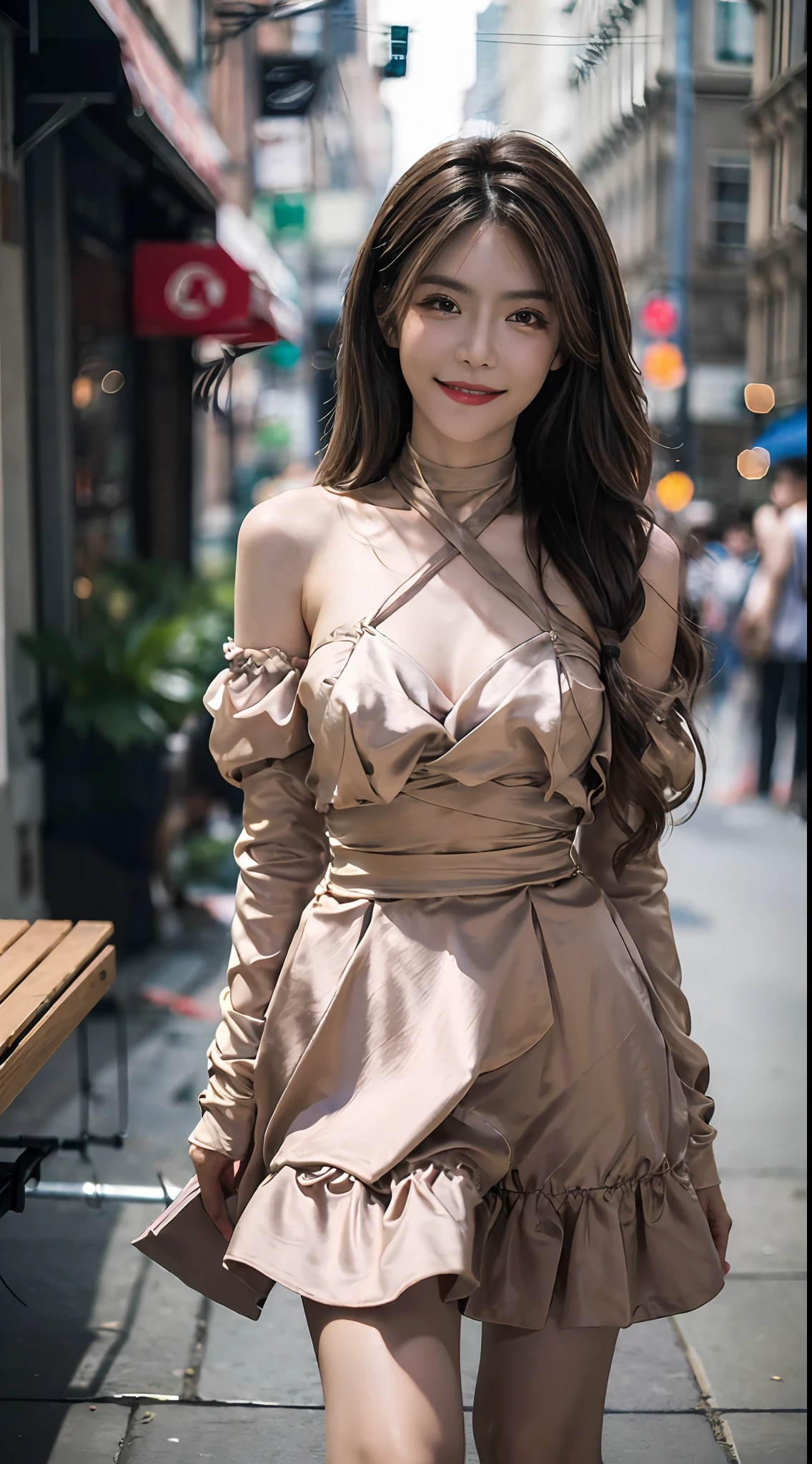 ((Best quality, 8k, Masterpiece :1.3)), 1girl, smiling, full body, slim face, Pretty woman, (Dark brown hair), full length dress :1.1, Ultra-detailed face, Detailed eyes, Double eyelid, blur background, slim face, city, outside, street,