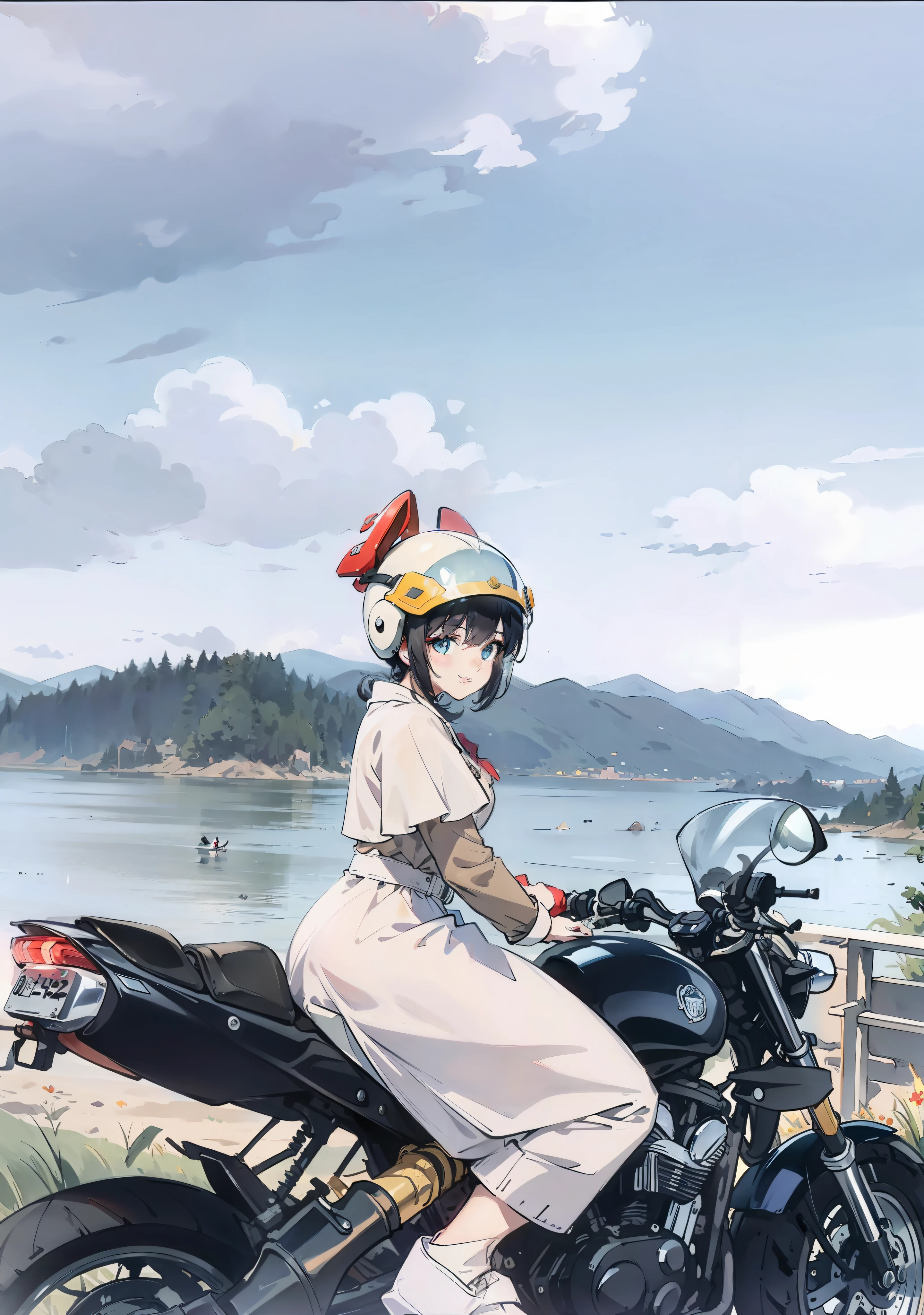 There was a woman wearing a helmet sitting on a motorcycle, wearing her helmet, helmet on, motorcycle helmet, rabbit shaped helmet, helmet on, riding a motorcycle, wearing a round helmet, Girl, Loli, helmet instead of a head, Guviz, still from a music video, well WEATHER, without helmet, riding a futuristic motorcycle,Chao yang,SakuraNS,
