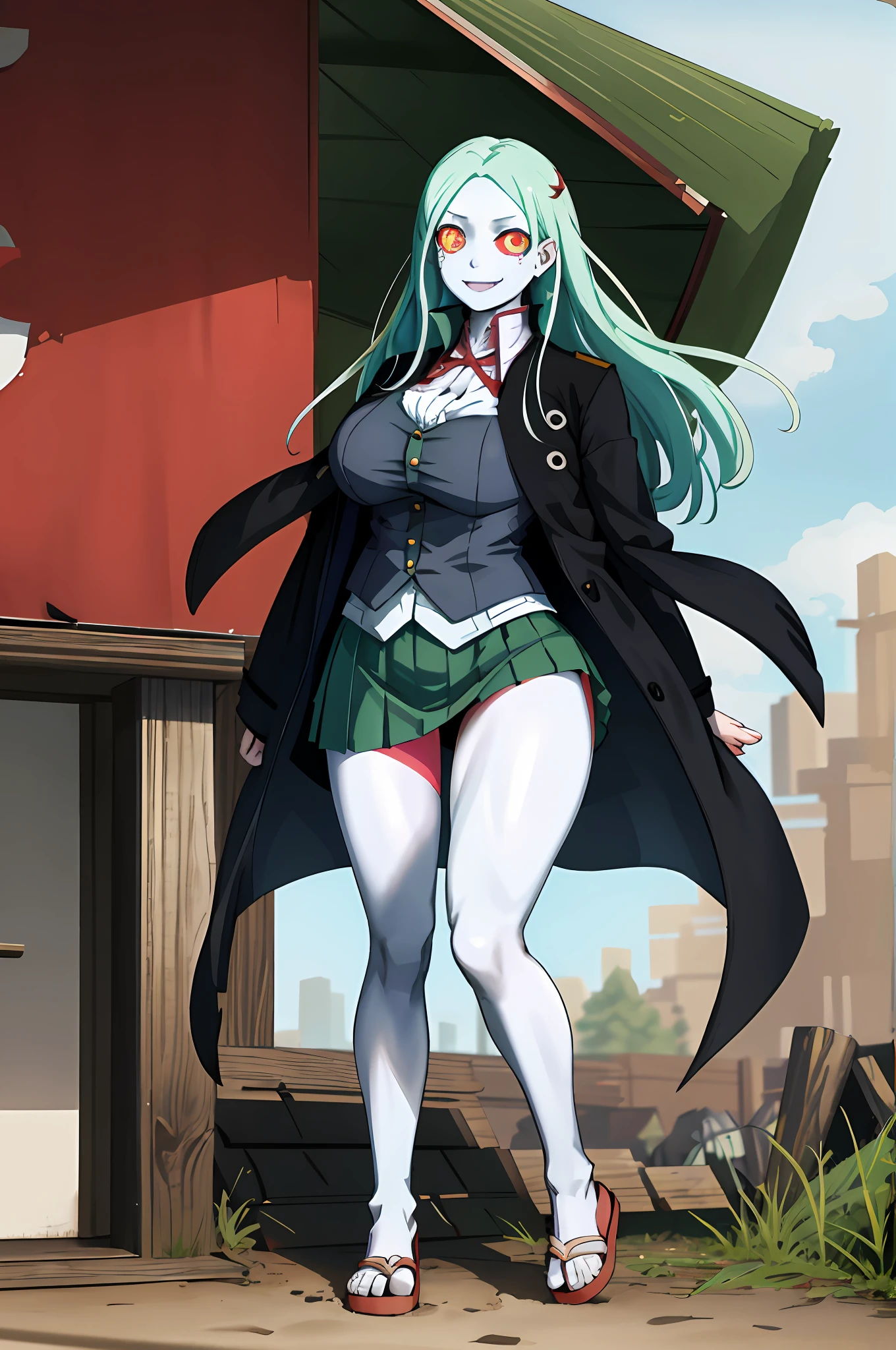 masterpiece, best quality, highres, 1girl, rebeccasolo, long hair, mechanical eye, colored sclera, red sclera, colored skin, white skin, leg tattoo, neck tattoo, green hair, long hair, small breasts, underwear, fang, red pupils, skin fang, red eyes, black jacket, standing, cowboy shot, from side, field,huge breast, curvy, mature female, long skirt, vest, coat, victorian clothing,forest, walking, smile, flip flops, full body, russia