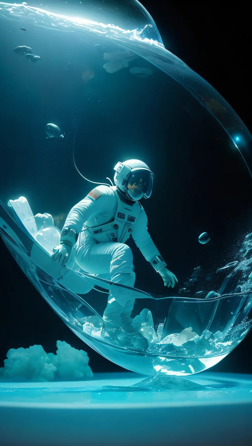 Astronauts float in bubble-shaped glass containers containing computers, an astronaut floating in space, Astronauts in the ocean, an astronaut lost in the ocean, Astronauts at the bottom of the sea, swimming in space, astronaut floating in space, an astronaut relaxing in space, giant glass dome in space, astronaut in space, Zoe Kravitz（Zoe Kravitz）As an astronaut