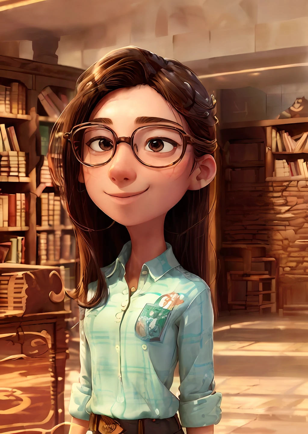 (((best quality))), (((ultra detailed))), (((masterpiece))), illustration, 1girl, Polo shirt, tight clothing, library,   front view, peaceful expression, long straight hair, slender figure, delicate facial features, focused on book, small desk, bookshelf background, smiling face, wearing glasses, holding pen, surrounded by textbooks