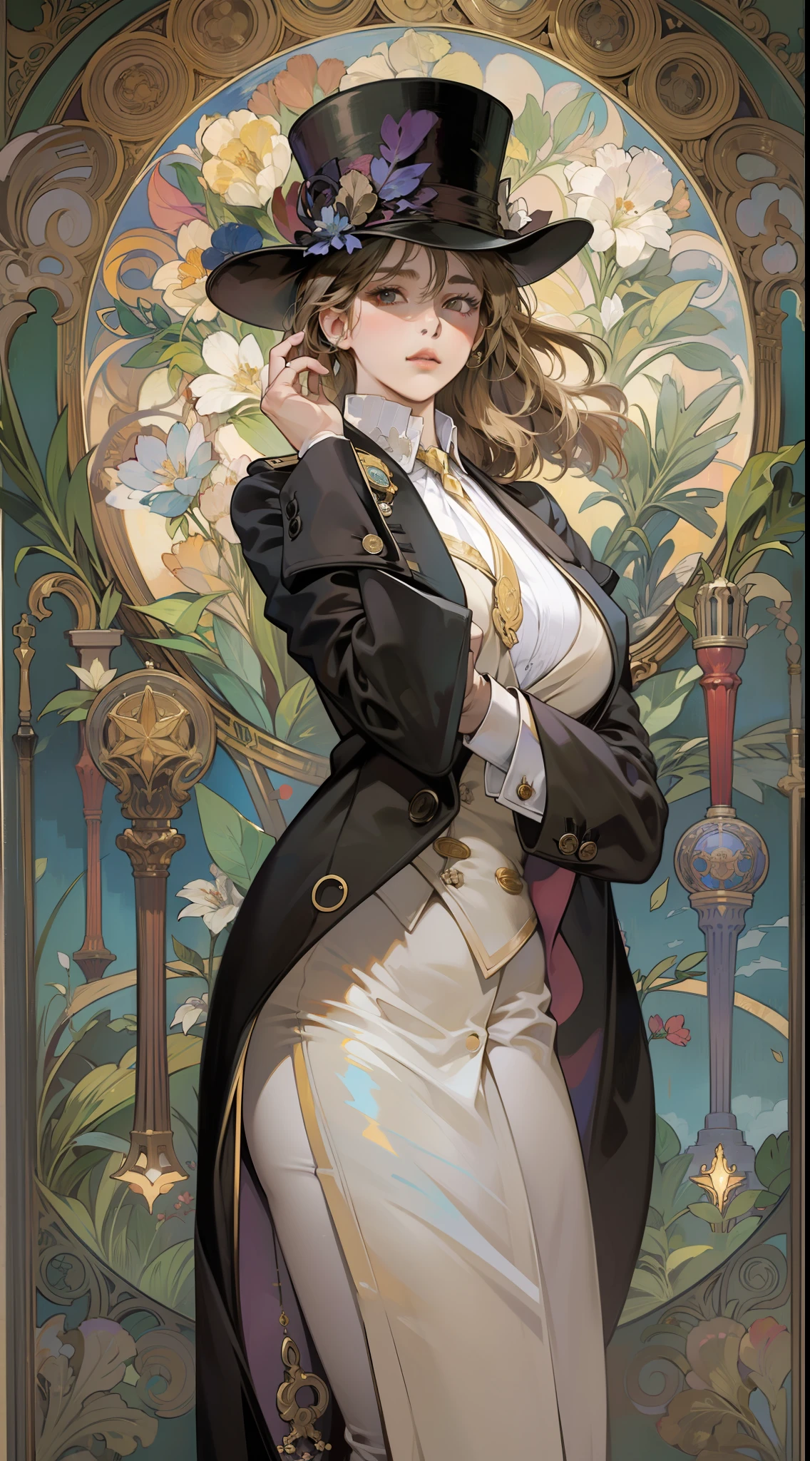 Beautuful Women, Alphonse Mucha's style、Top hat、tailcoat, Jacket, neck tie, monocle, light reflections, Oil Painting, voluminetric lighting,