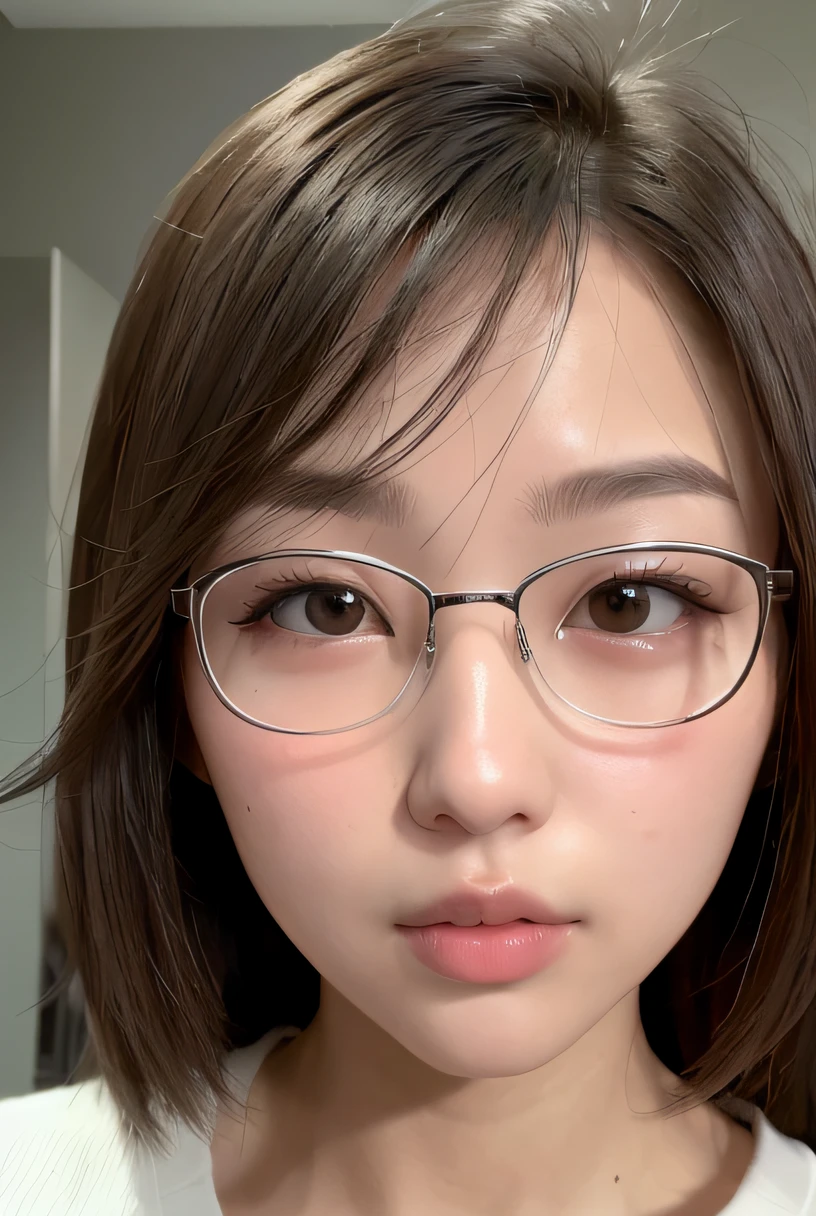 (8K、raw、proffesional、top-quality、masterpiece:1.2)、(realisitic、Photorealsitic:1.37)、The ultra-detailliert、(portlate)、(Highest Detail Skin:1.2)、(Highest Detail Face:1.2)、cinematlic lighting、1girll、Large, drooping eyes、Mole on the mouth、Unique facial features、Eyes are far away、Thick lip、Feeling of bare skin、wears glasses、Serious look、Small eyes、or slightly disheveled hair、Short Bob