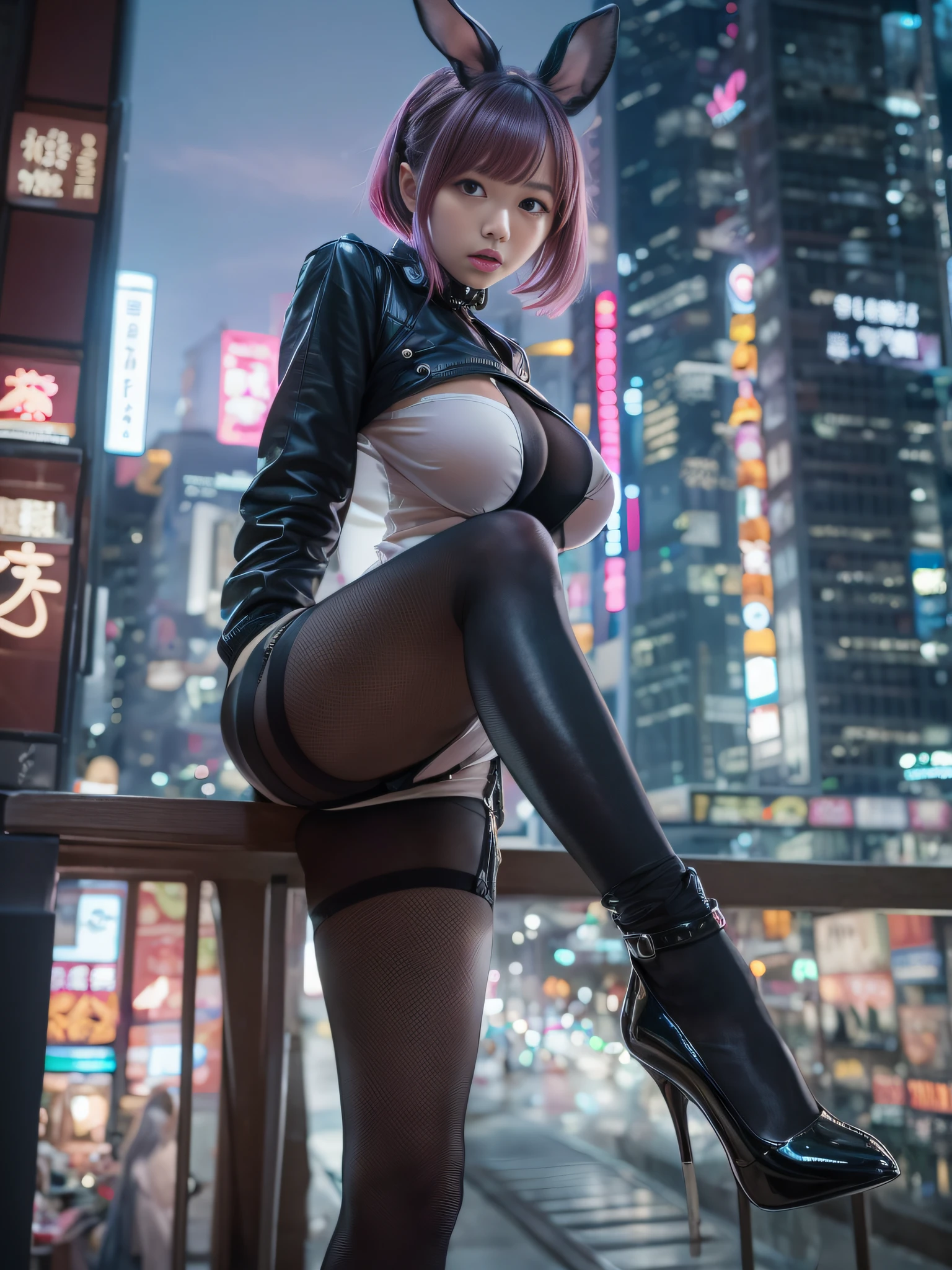 Woman in black stockings and heels,young and cute girl, wearing in stocking,Sexy Girl, Lovely woman, pantyhose, 8K,top-quality、超A high resolution、女の子1人、Futuristic bodysuit、Black Choker、(huge-breasted:1.2)、, Pink short hair, bunnygirl, Photo, background is city at night,Live action,japanes,独奏,Beautiful expression,