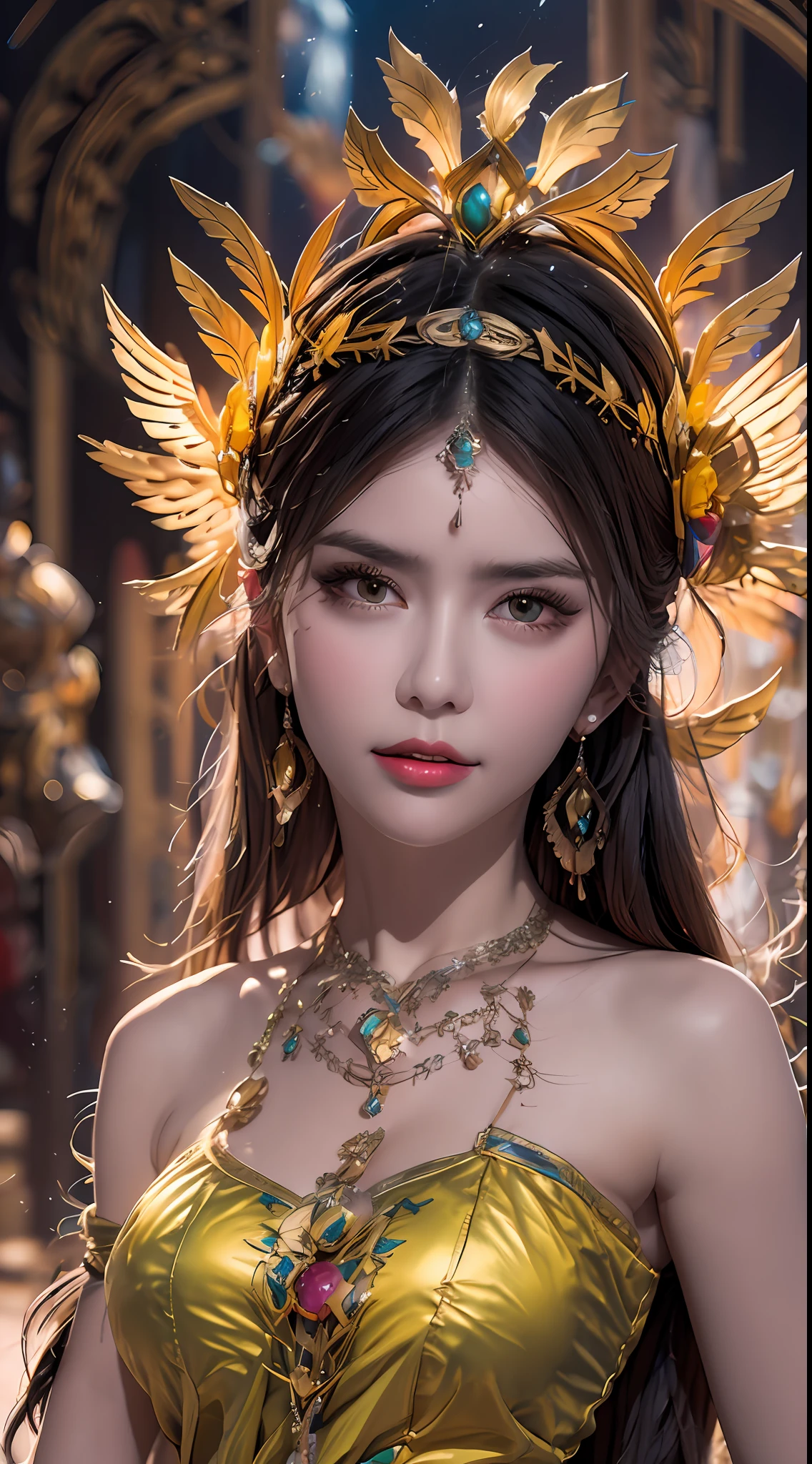 1 20 year old girl, 1 goddess Athena, goddess Athena, beautiful goddess Athena face without blemish, sexy slim nightgown with many colors, sexy black lace women long nightgown, goddess legend, beautiful goddess style glitter, dark and mysterious version, goddess crown, vermilion lips, pretty thin lips and bright pinokar, white teeth, no smile, fine details, no wrinkles, detailed background: 1.9), holy body, super tight and round big breasts, phoenix brooch, long bangs, (hair 7 rainbow colors: 1.9), beautiful face with well-proportioned and detailed eyes, (transparent yellow eyes: 1.8), makeup: very beautiful and detailed eyes, hanfu photo, best photo, high resolution, best quality, female art quality, best portrait color, best surrealism, best masterpiece , jewelry, pretty face, upper body, tyndall effect, photo real, dark studio, border light, two-tone lighting, (pinky white skin: 1.4), (high skin detail: 1.1), 8k uhd, dslr , soft light, super bright, light quality, high resolution, sound quality , Smooth and starry sky, sexy night goddess: 10x pixelated galaxy: 1.7), aurora, lightning, (Aurora Background: 1.8), best eyes, real life beautiful eyes, beautiful saint and flowers,
