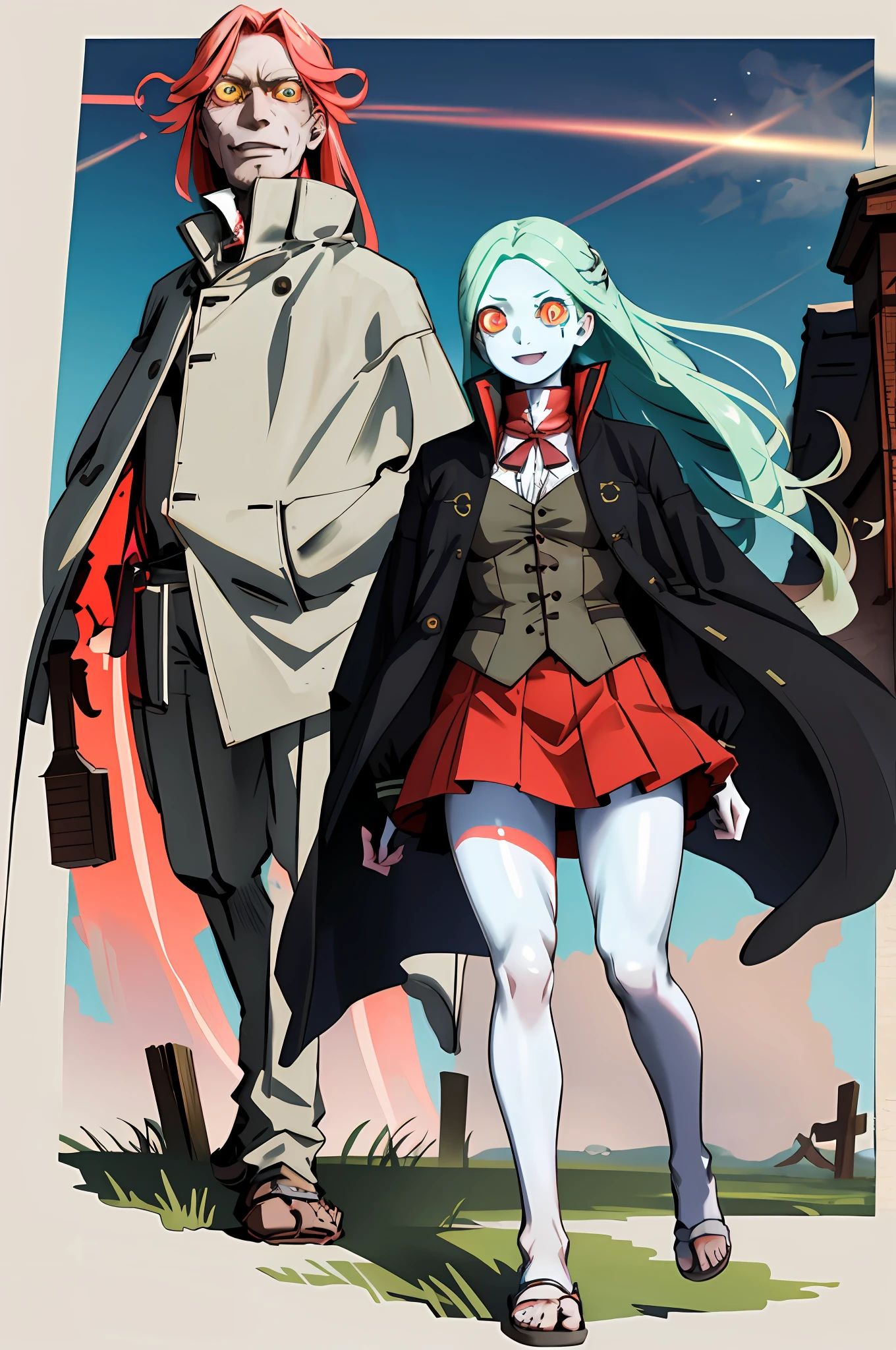 masterpiece, best quality, highres, 1girl, rebeccasolo, long hair, mechanical eye, colored sclera, red sclera, colored skin, white skin, leg tattoo, neck tattoo, green hair, long hair, small breasts, underwear, fang, red pupils, skin fang, red eyes, black jacket, standing, cowboy shot, from side, field,huge breast, curvy, mature female, long skirt, vest, coat, victorian clothing,forest, walking, smile, flip flops, full body, russia