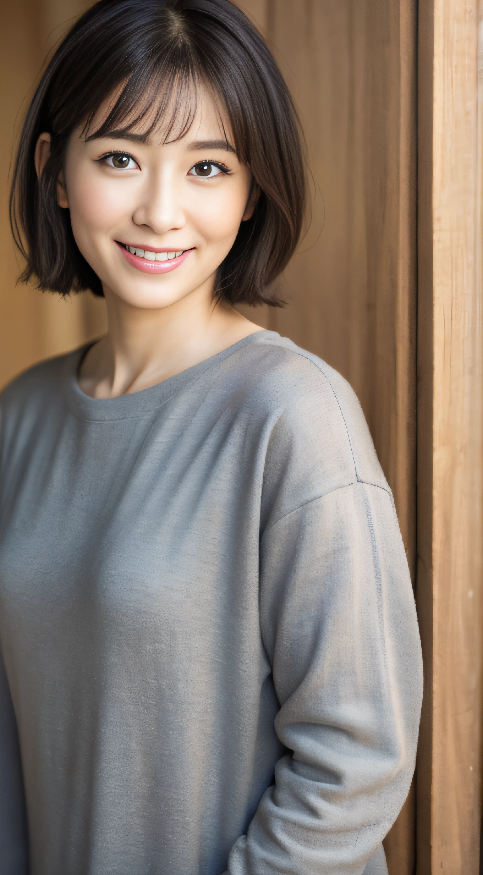 portrait, 8K, high quality, realistic photo image, 39 years old, Japan woman, neat and clean wife, small, housewife, reproduce natural and realistic eyes, Japan person stand, small, beautiful black hair, short hair, light makeup, octane rendering, beautiful lighting, golden ratio composition, smile, everyday wear, casual clothes, natural background, blurred background, 4k, high quality, realistic photo image, Japan woman, 37 years old, pure Japan face, lovely wife, upper body, small breasts, light makeup, suppin, neat beauty, mature woman, sober clothes, gray, beige, blue, sober, casual attire, smile, black hair, small black eyes, background blur