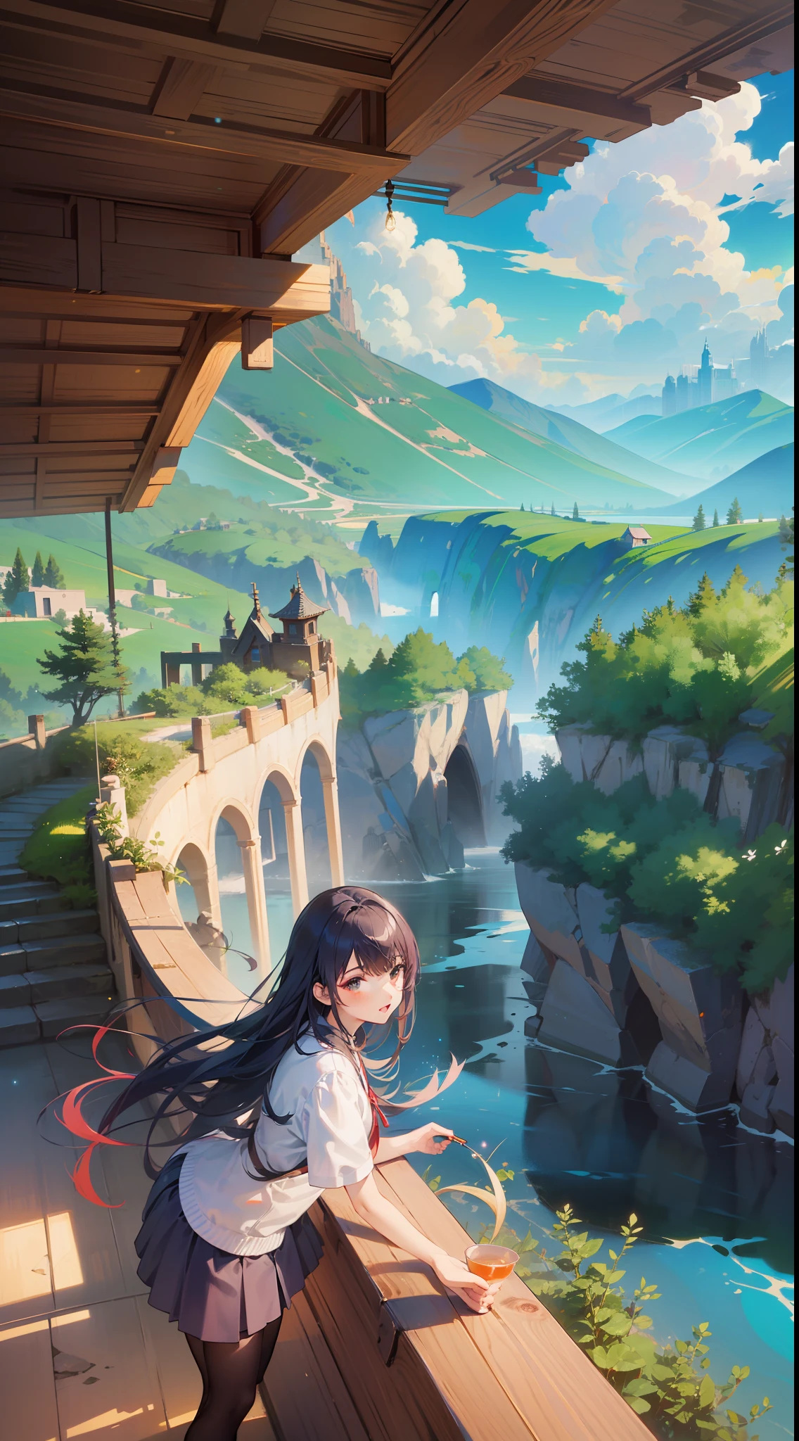 High-quality, ultra-detailed CG art that focuses on "Shiina Mahiru", with a perfect body. Best illumination, best shadow, with emphasis on the subject's beauty. Dynamic pose, dynamic angle, and intricate details. Floating in a magical world, with beautiful scenery that includes sparkling water, tranquil clouds, and vibrant plantations.