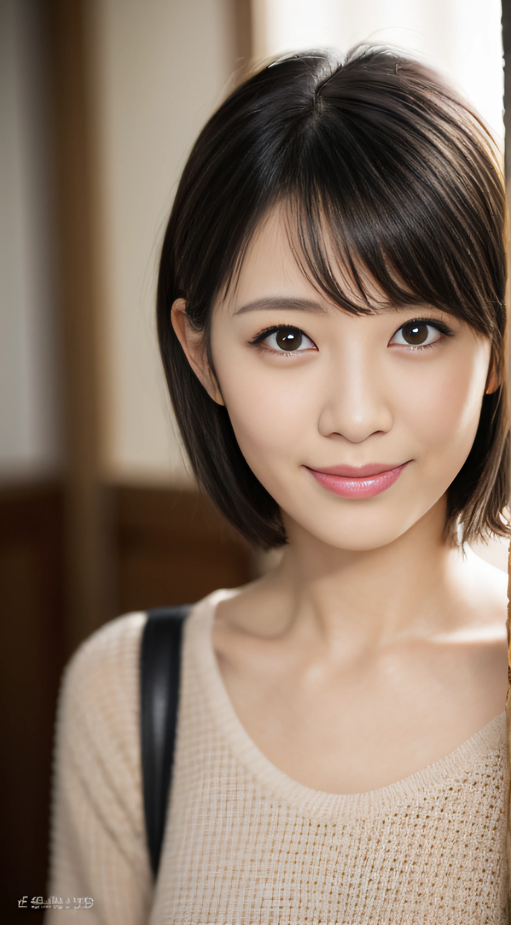 portrait, 8K, high quality, realistic photo image, 39 years old, Japan woman, neat and clean wife, small, housewife, reproduce natural and realistic eyes, Japan person stand, small, beautiful black hair, short hair, light makeup, octane rendering, beautiful lighting, golden ratio composition, smile, everyday wear, casual clothes, natural background, blurred background, 4k, high quality, realistic photo image, Japan woman, 37 years old, pure Japan face, lovely wife, upper body, small breasts, light makeup, suppin, neat beauty, mature woman, sober clothes, gray, beige, blue, sober, casual attire, smile, black hair, small black eyes, background blur