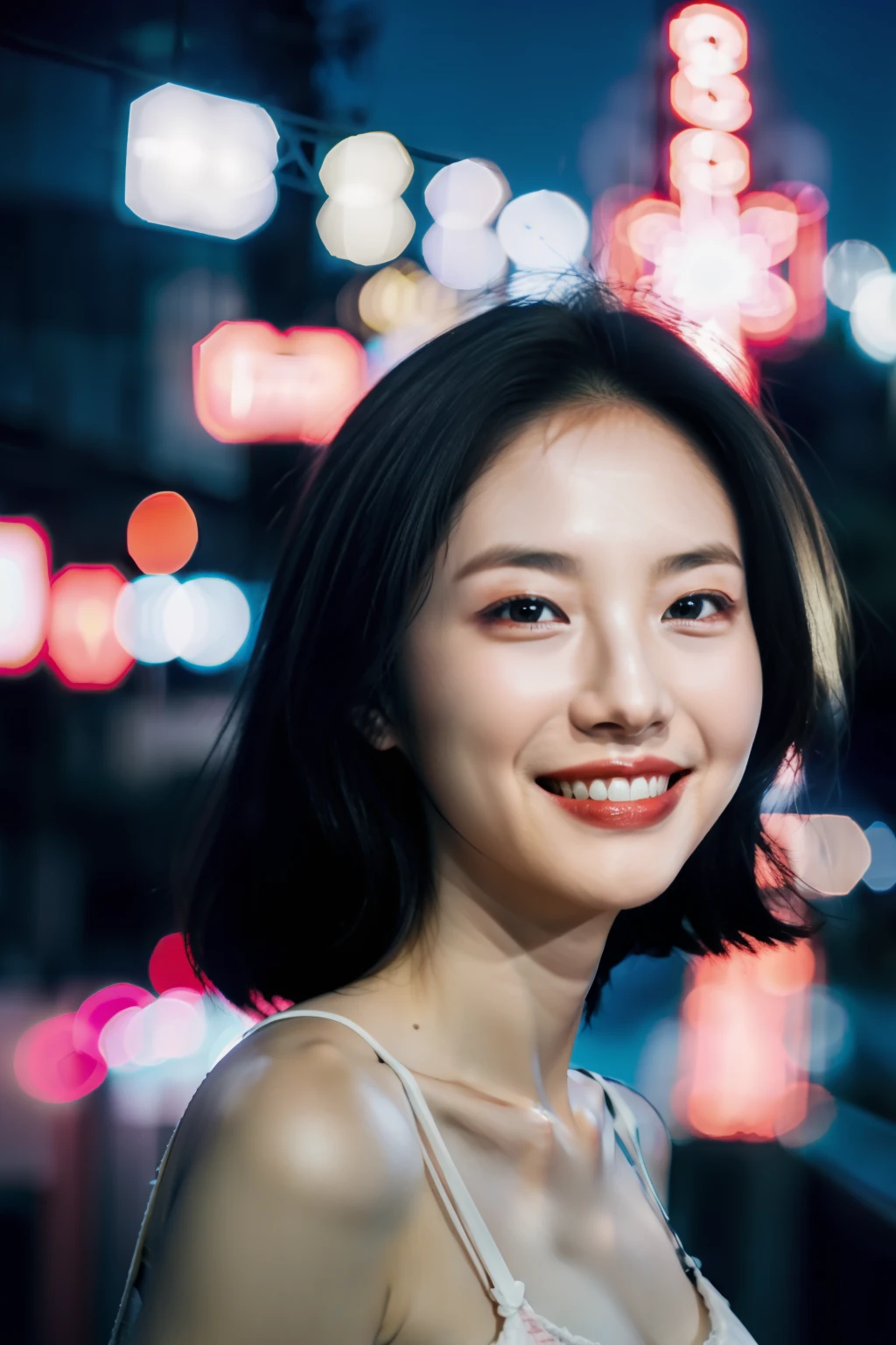 1girl, idol, model, depth of field, photo, film, face, skinny, smile, collarbone, teeth, movie, camisole, selfie, night,