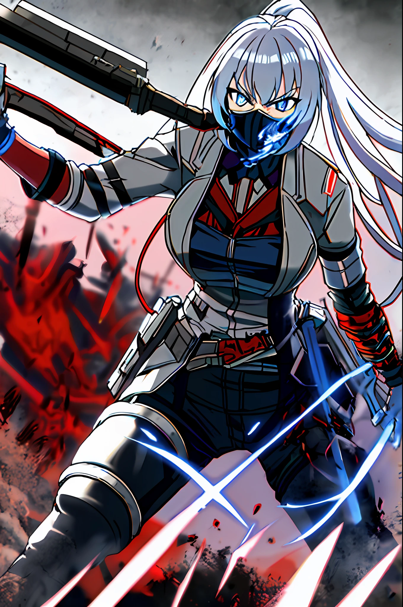 Anime girl, long white gray hair, muscle, blue eyes, taller, military suit sci fi, tactical, very angry, dirty, war, heavy blue axe, blue fire, atomic, fantasy, armor sci fi, blood, seriously, wear mask, bring heavy machine gun