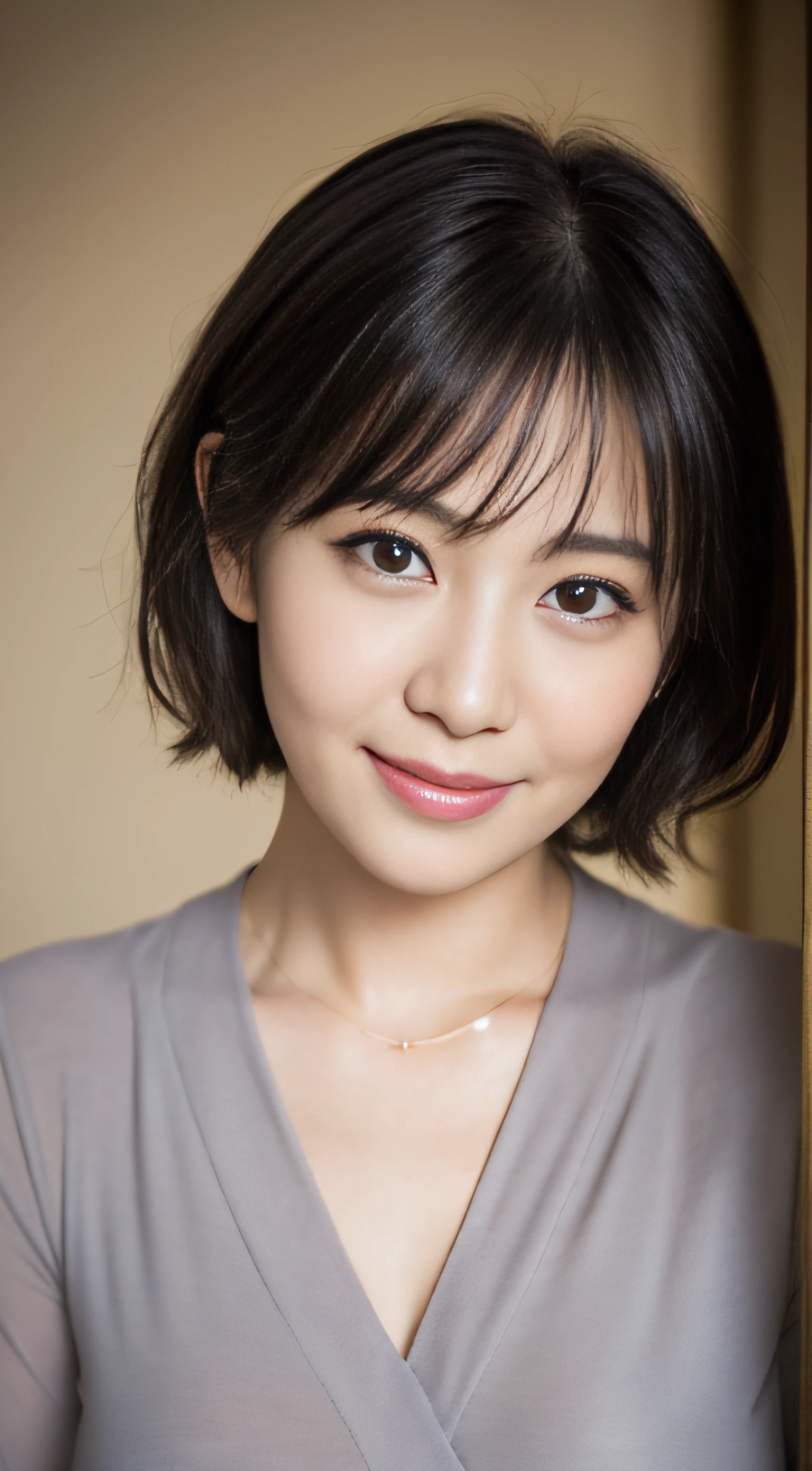 portrait, 8K, high quality, realistic photo image, 39 years old, Japan woman, neat and clean wife, small, housewife, reproduce natural and realistic eyes, Japan person stand, small, beautiful black hair, short hair, light makeup, octane rendering, beautiful lighting, golden ratio composition, smile, everyday wear, casual clothes, natural background, blurred background, 4k, high quality, realistic photo image, Japan woman, 37 years old, pure Japan face, lovely wife, upper body, small breasts, light makeup, suppin, neat beauty, mature woman, sober clothes, gray, beige, blue, sober, casual attire, smile, black hair, small black eyes, background blur