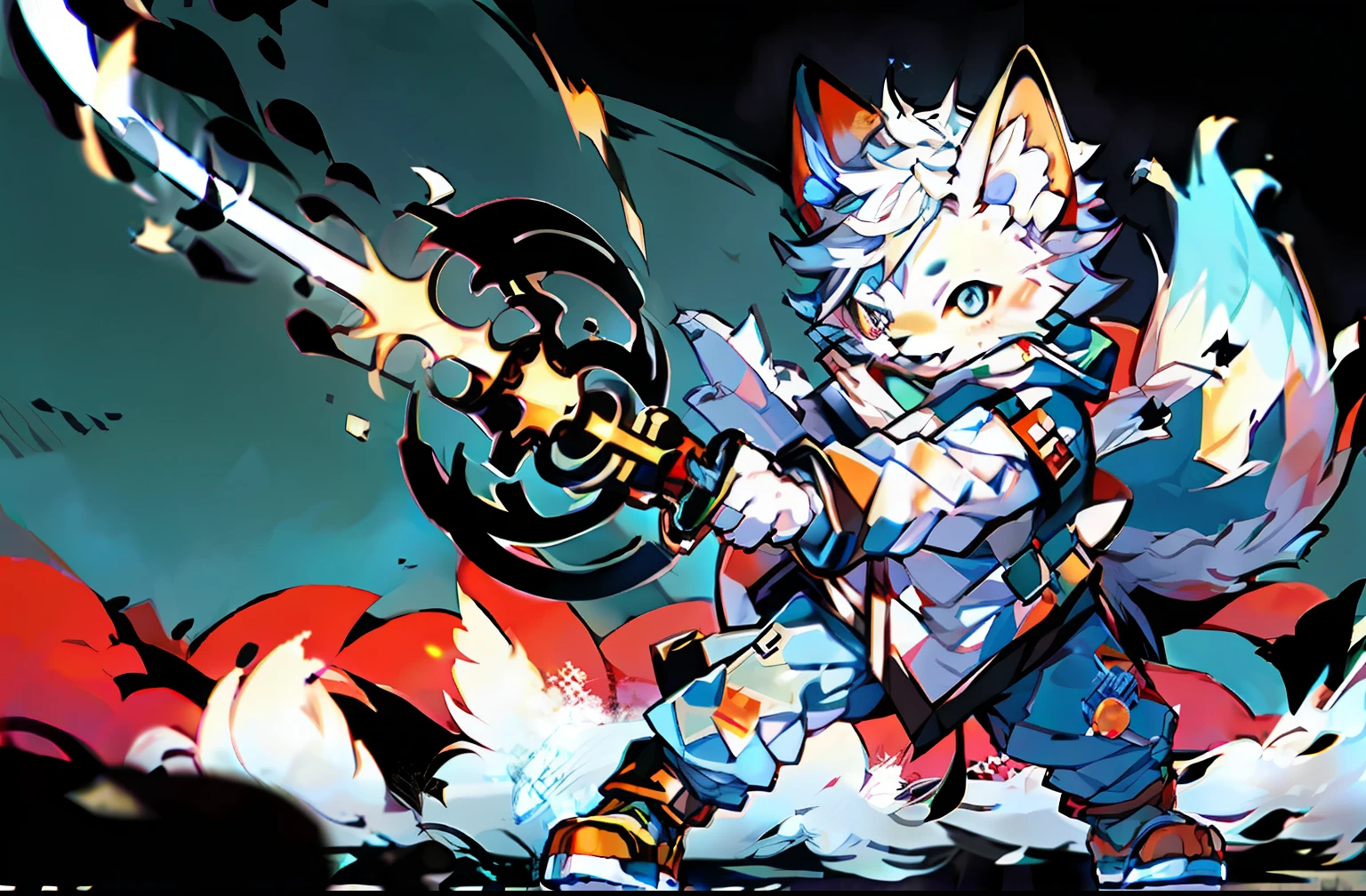 Anime style White Arctic Fox Junior Battle-hardened Trained with a long-bladed weapon Full body United