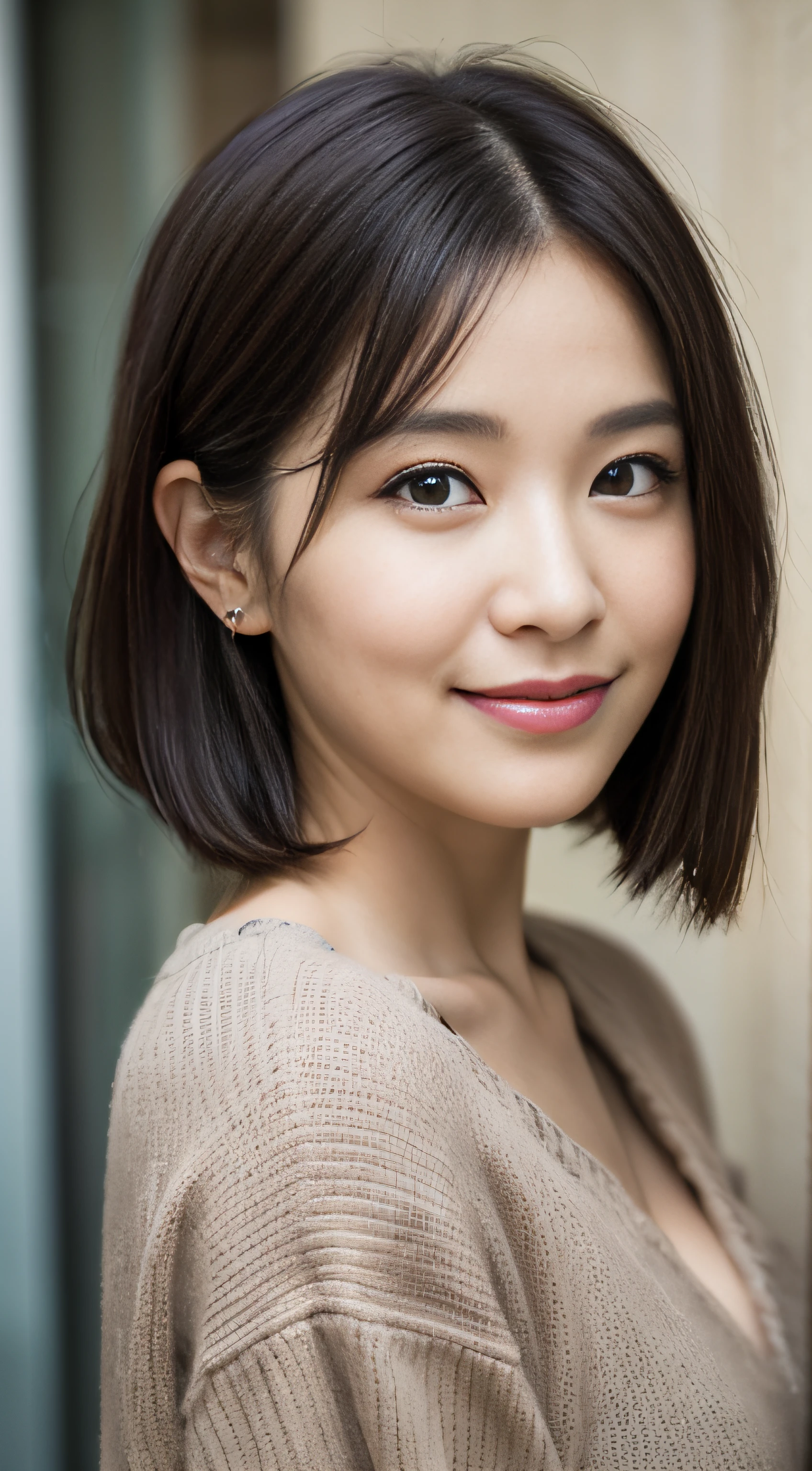 portrait, 8K, high quality, realistic photo image, 39 years old, Japan woman, neat and clean wife, small, housewife, reproduce natural and realistic eyes, Japan person stand, small, beautiful black hair, short hair, light makeup, octane rendering, beautiful lighting, golden ratio composition, smile, everyday wear, casual clothes, natural background, blurred background, 4k, high quality, realistic photo image, Japan woman, 37 years old, pure Japan face, lovely wife, upper body, small breasts, light makeup, suppin, neat beauty, mature woman, sober clothes, gray, beige, blue, sober, casual attire, smile, black hair, small black eyes, background blur